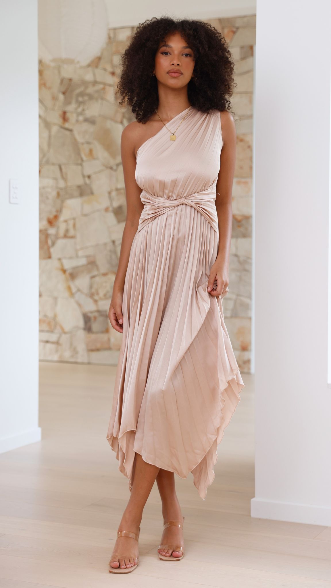 Elegant One Shoulder Midi Dress in Champagne - Perfect for Cocktail Parties, Weddings & Evening Events