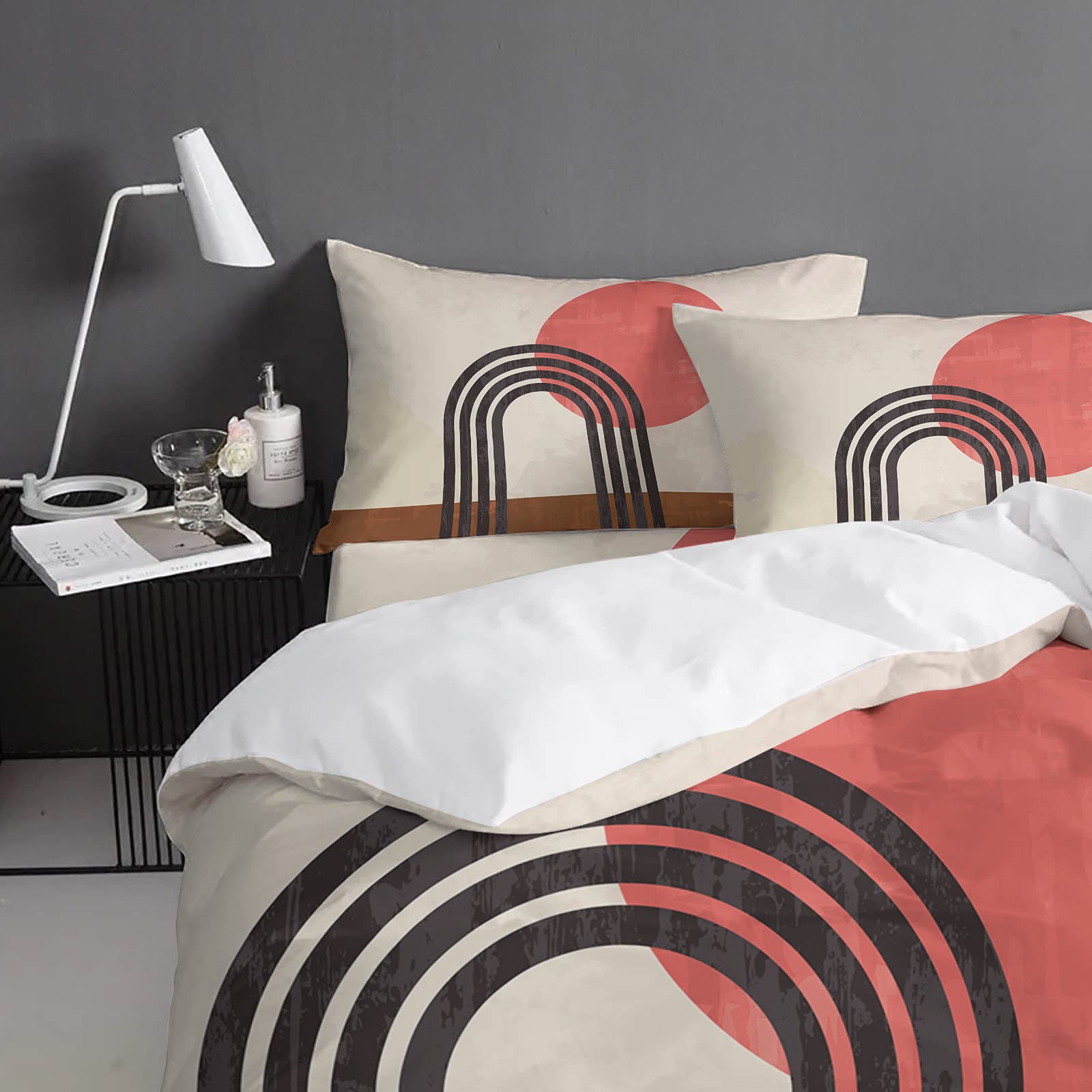 Cal King Duvet Cover Set 4-Piece - Abstract Red Sun Geometric Design, Lightweight Microfiber Bedding for Adults & Teens | Mid-Century Modern Style for Master Bedroom & Guest Room