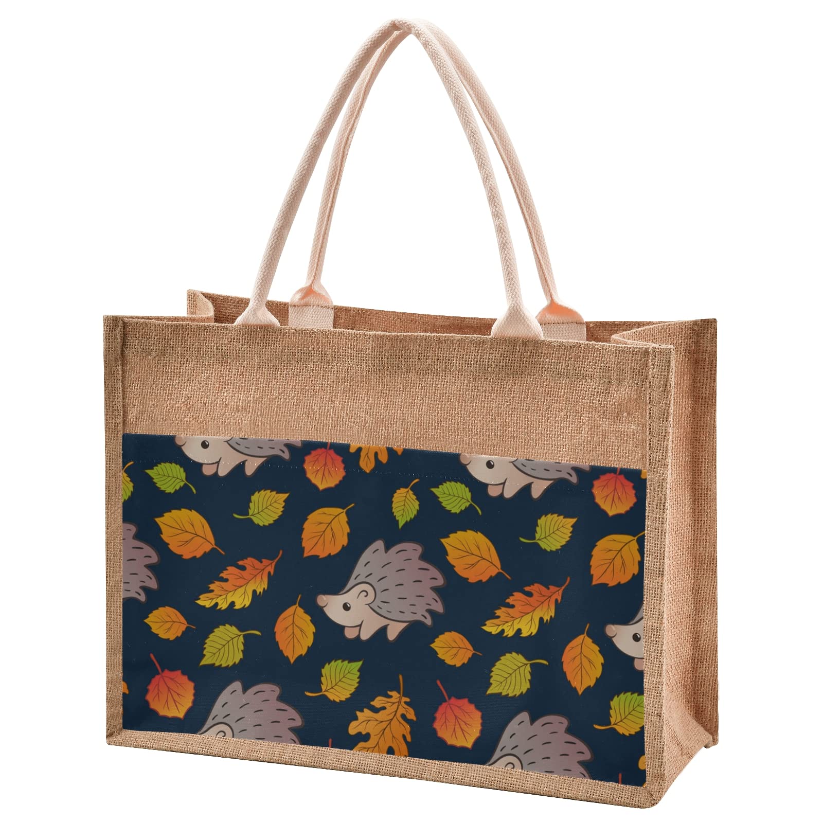 Stylish Sinestour Autumn Fall Leaves Hedgehog Jute Tote Bag - Eco-Friendly Burlap Handbag with Handle for Beach, Shopping & Groceries - Perfect Gift for Nature Lovers