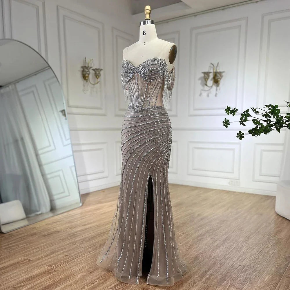 Elegant Silver Beaded Tassel Mermaid Evening Gown with Boat Neck & High Slit - Perfect for Prom, Gala & Formal Events - LA72391