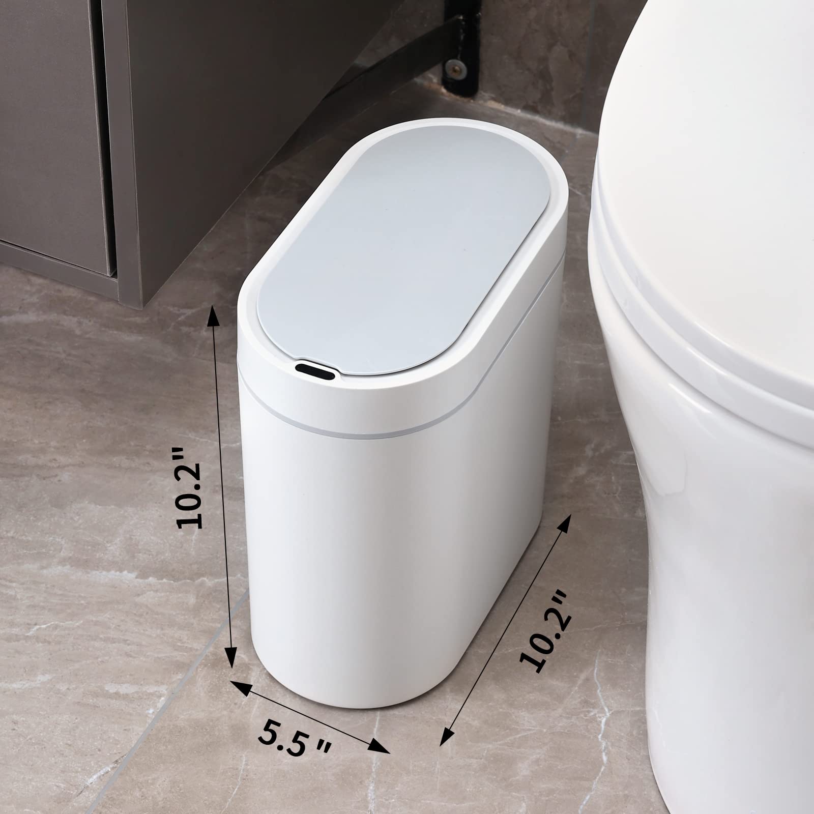 2 Gallon Slim Motion Sensor Trash Can with Lid - Automatic Touchless Bathroom Garbage Bin for Bedroom, Living Room, Toilet & Office - White | Space-Saving Design for Small Spaces & Modern Homes