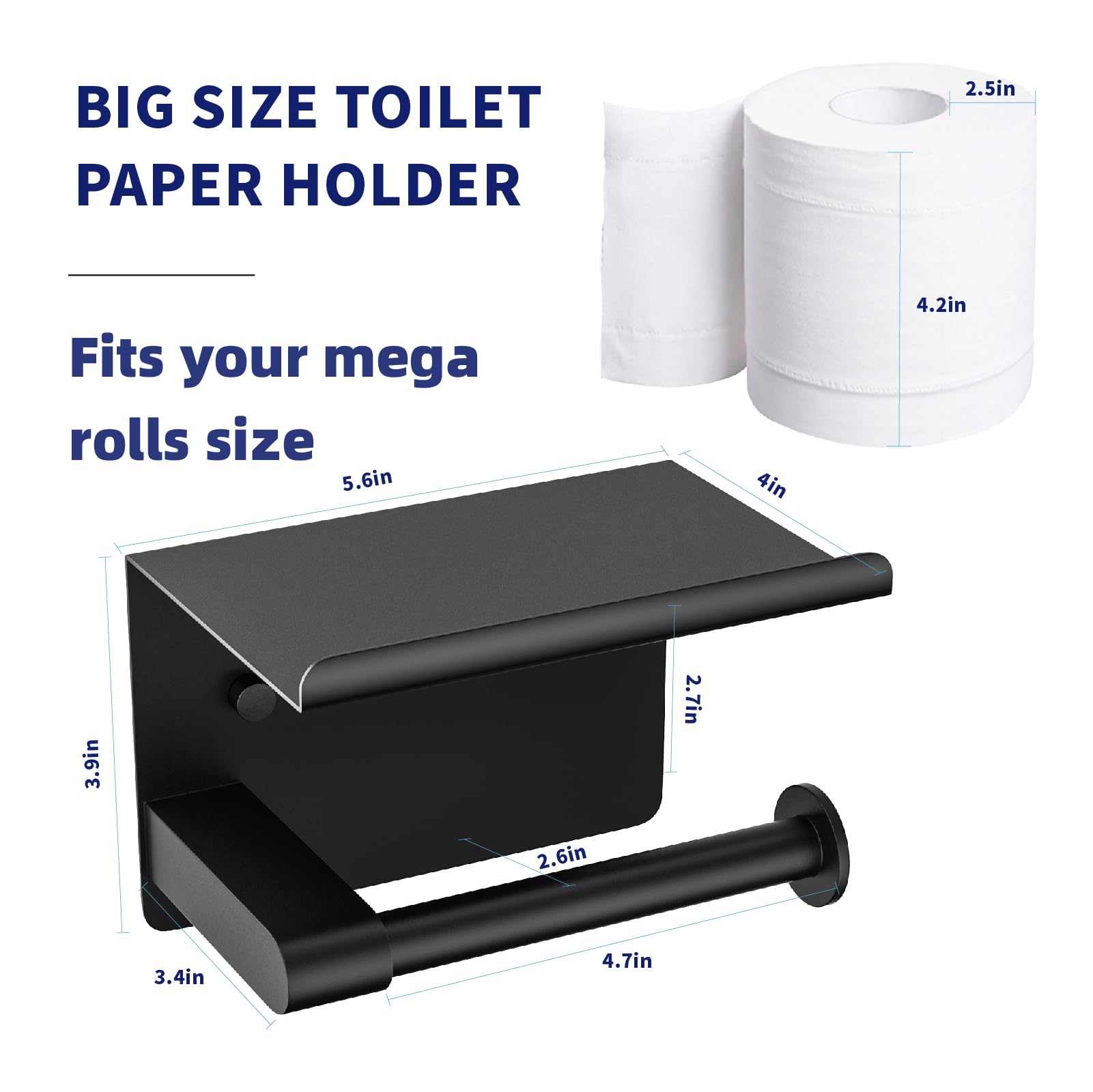 Stainless Steel Wall Mount Toilet Paper Holder with Shelf - Matte Black, Rustproof, Self-Adhesive - Fits Mega Rolls - Perfect for Modern Bathrooms & Powder Rooms