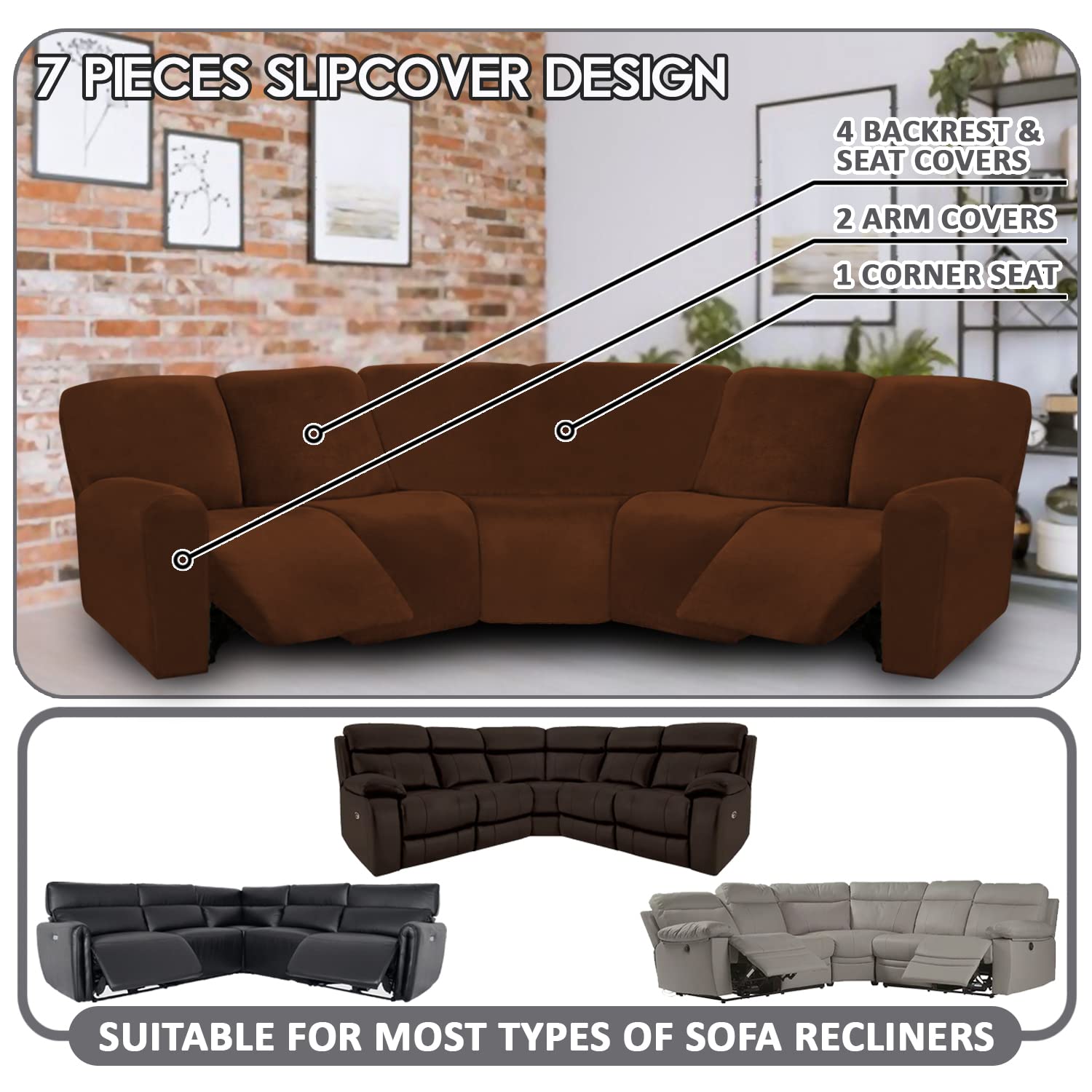 ULTICOR 7-Piece L-Shaped Sectional Sofa Cover - Velvet Stretch Reclining Couch Covers for 5-Seat Sofa, Thick Soft Washable Fabric (Chocolate Brown) - Perfect for Living Room, Home Theater & Family Gatherings