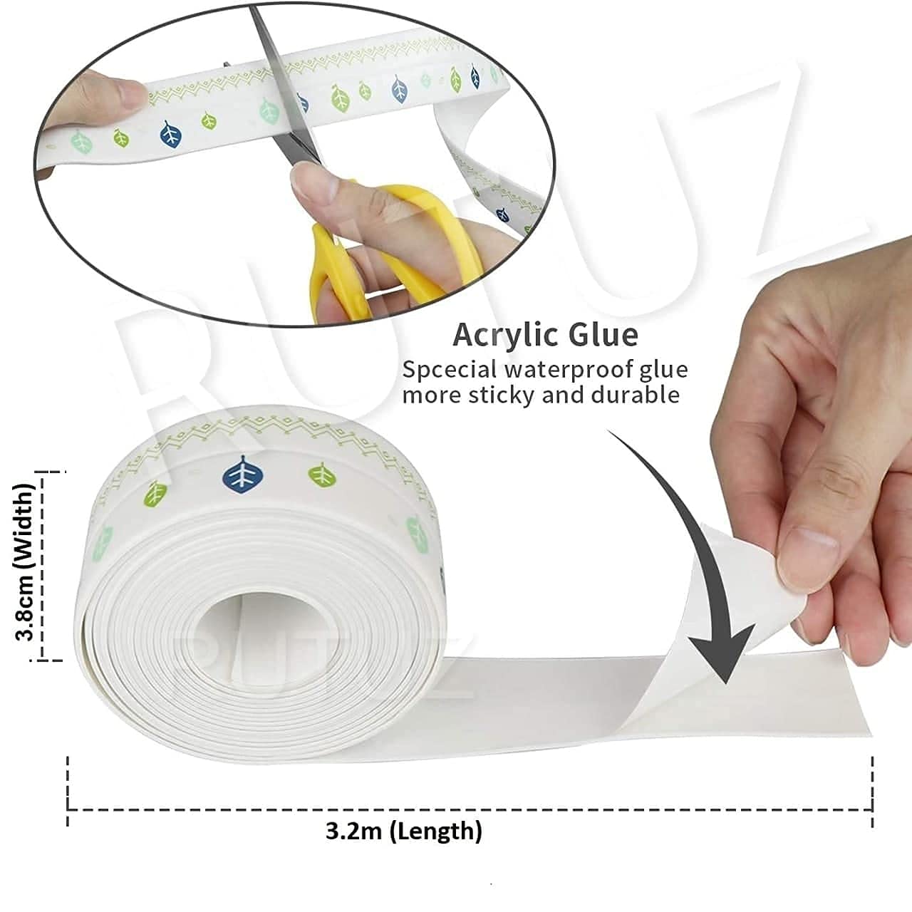 **DHVAJ Silicone Waterproof Tape - Self-Adhesive PVC Caulk Strip for Kitchen, Bathroom, Bathtub, Sink & Floor Sealing (3.2m x 3.8cm) - Waterproof, Durable & Easy to Install - Perfect for Wall Edge Protection & Gap Filling**    *(Ideal for sealing gaps, preventing leaks, and protecting edges in kitchens, bathrooms, and wet areas.)*