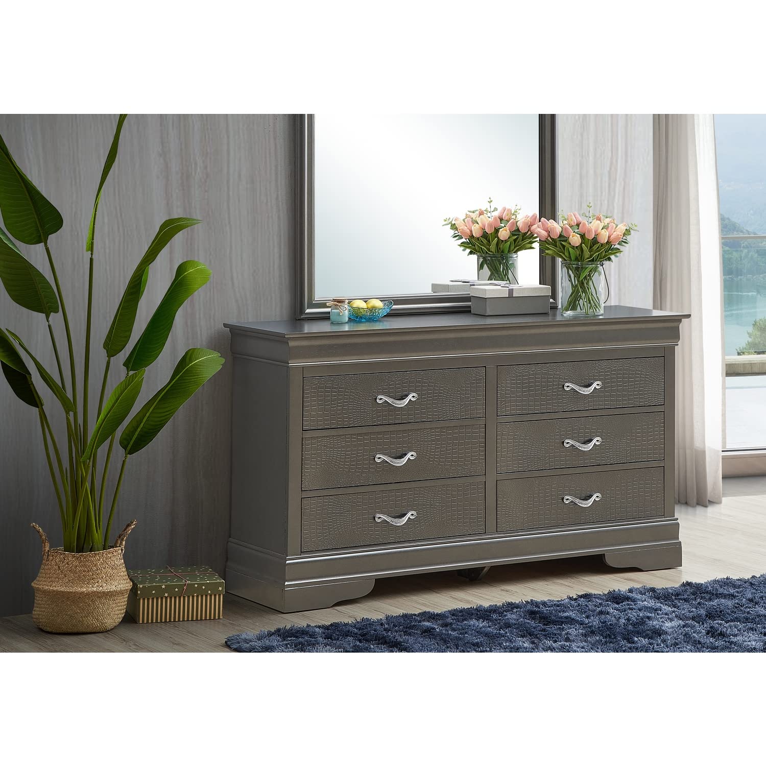 Glory Furniture Lorana G6502-D 6-Drawer Dresser with Metal Frame in Charcoal Finish - Perfect for Bedroom, Living Room, or Office Storage Organization