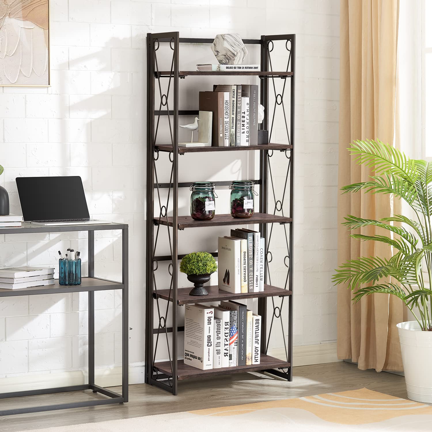 VECELO 5-Tier Folding Bookshelf - No Assembly Metal Bookcase, Industrial Freestanding Shelf Organizer for Living Room, Office, Bedroom & Kitchen - Perfect for Small Spaces & Home Storage Solutions