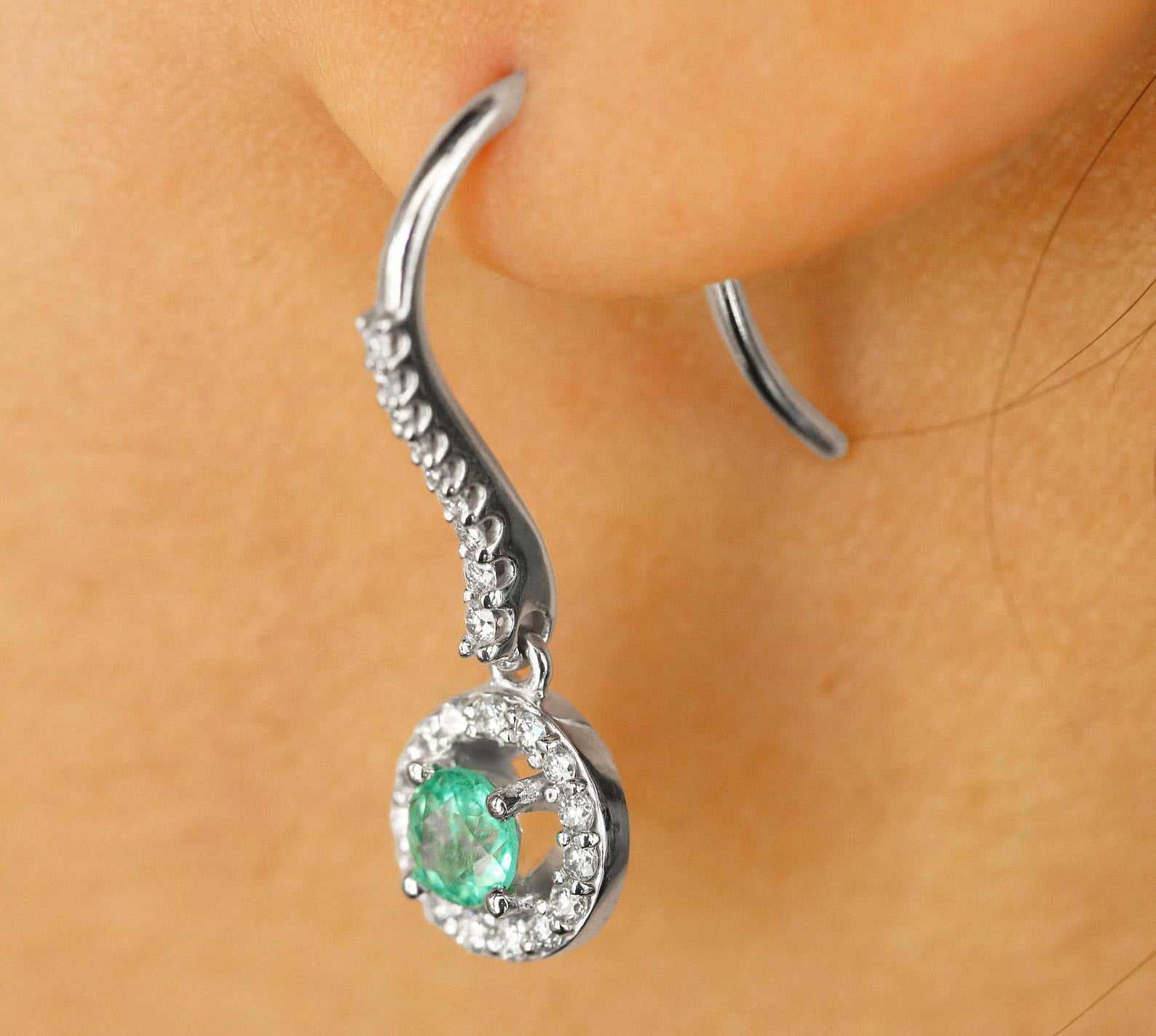 1.20tcw Genuine Emerald & Diamond Halo Dangle Earrings in 14K Gold - French Hook Style for Women, Perfect for Weddings, Parties & Special Occasions