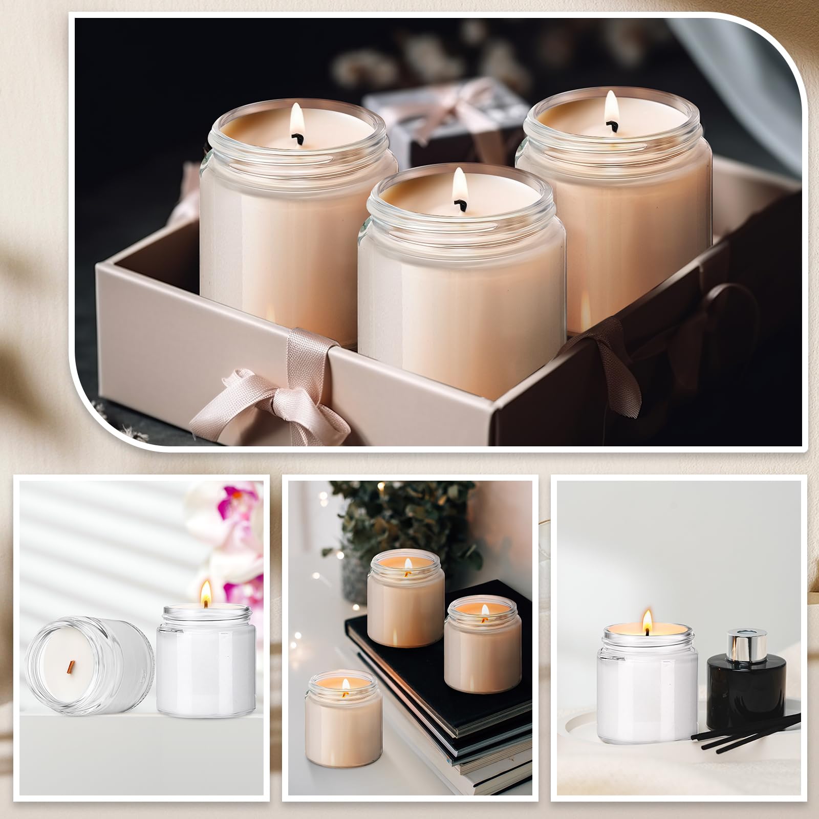 64 Pcs Small Glass Jars with Woodgrain Lids - 4 oz Airtight Cosmetic Containers with Inner Liners | Reusable Empty Jars for DIY Beauty, Travel & Home Storage | Perfect for Creams, Salves, Spices & Crafts