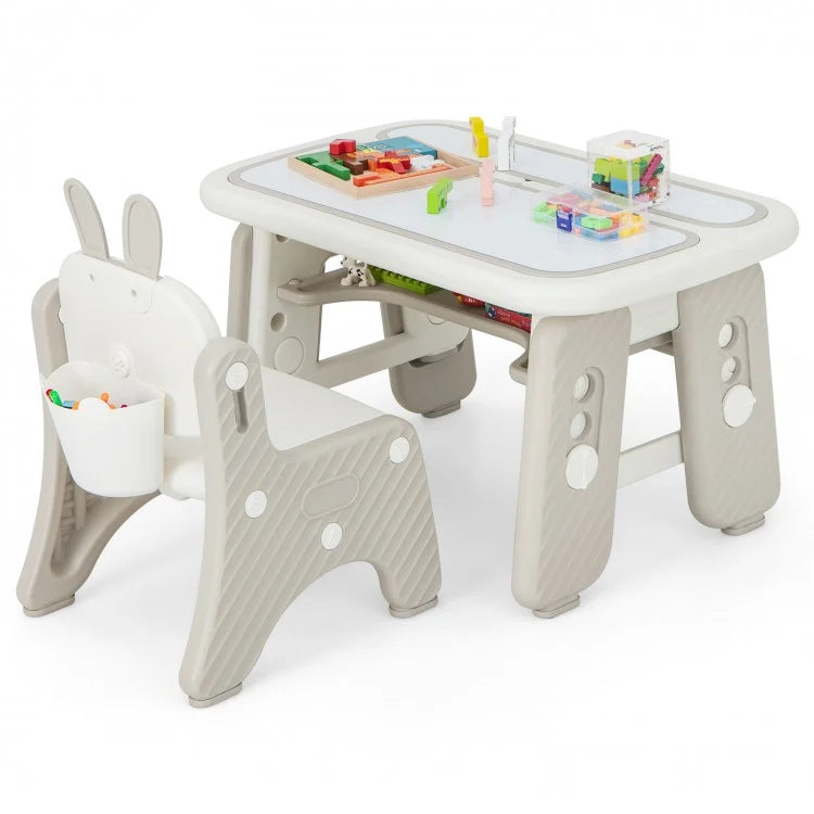 Gray Kids Table and Chair Set with Flip-Top Bookshelf - Perfect for Playroom, Homeschooling & Reading Nook