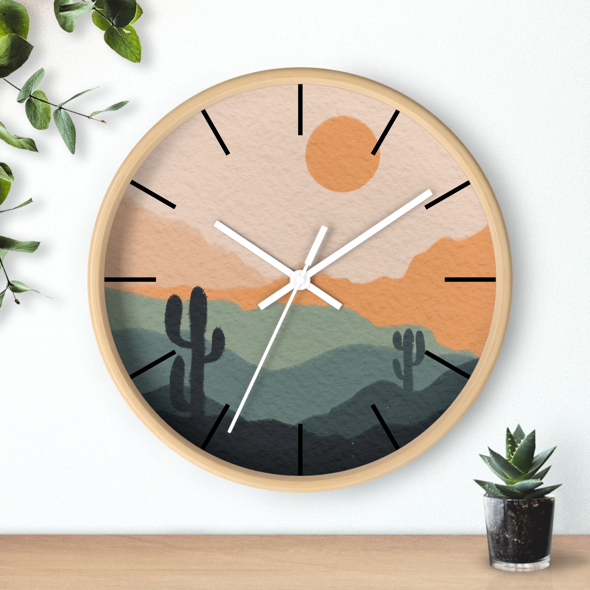 Silent Ticking Wall Clock - Rustic Desert Decor with 10 Inch Wood or Plastic Frame & Plexiglass - Southwestern Theme Home Office Decor for Living Room, Bedroom, Kitchen