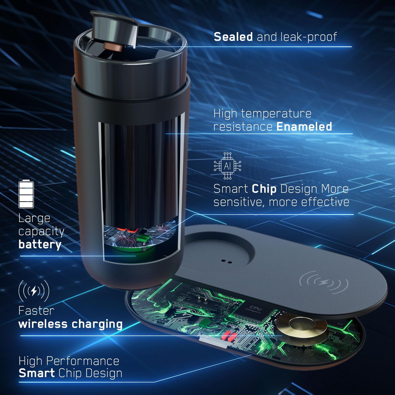 Smart Self-Heating Travel Coffee Mug - 12oz App-Controlled Temperature Control with LED Display | Keeps Coffee Hot for 4-10 Hours | Wireless Charger Base Included | Perfect for Office, Commuting & Outdoor Use | Iron Black