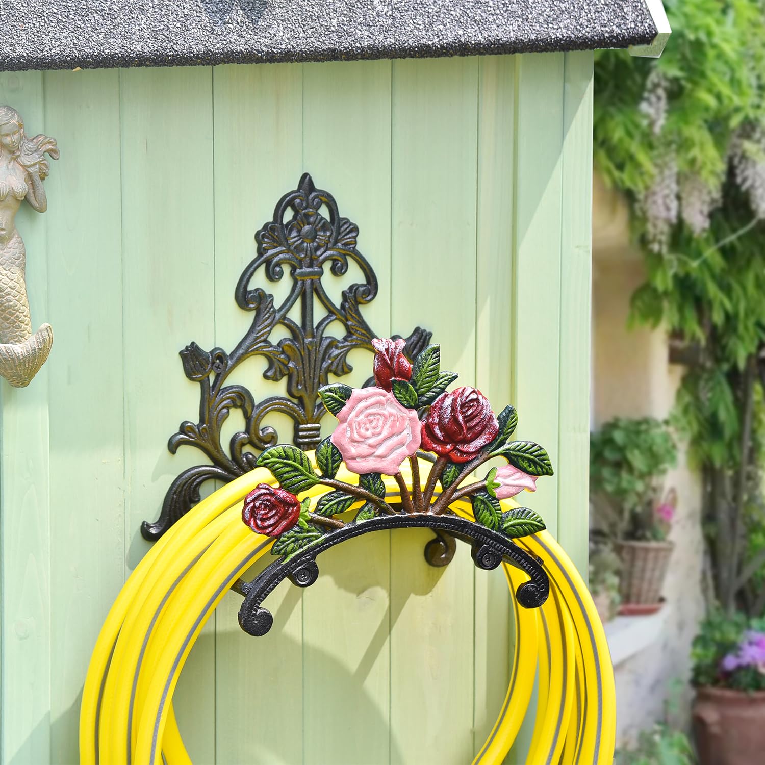 Heavy Duty Cast Iron Garden Hose Holder - Decorative Hand-Painted Peony Wall Mounted Hose Hanger - Outdoor Water Hose Storage Rack - Metal Hose Stand for Yard, Garden, and Patio Organization