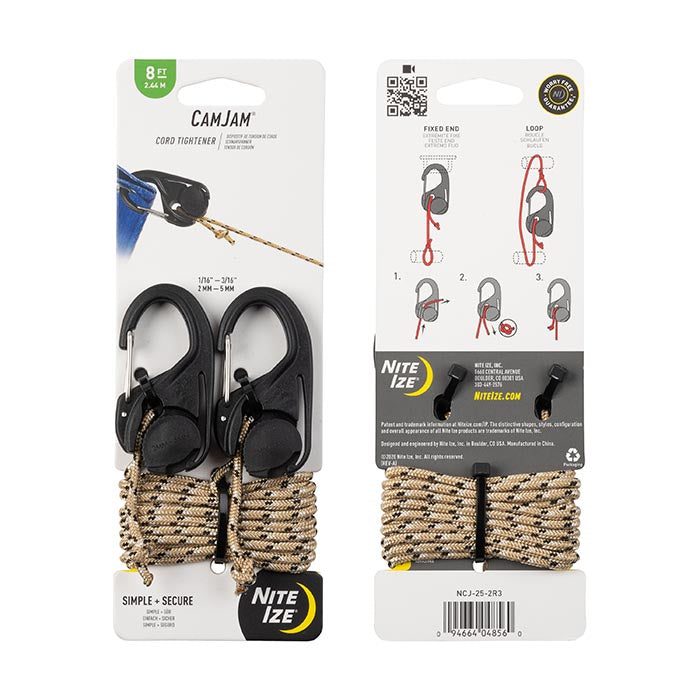 Nite Ize CamJam 2 Pack with 8ft Tan Rope - Heavy Duty Cord Tighteners for Camping, Hiking & Outdoor Gear Organization - Secure Tents, Tarps & Equipment Easily