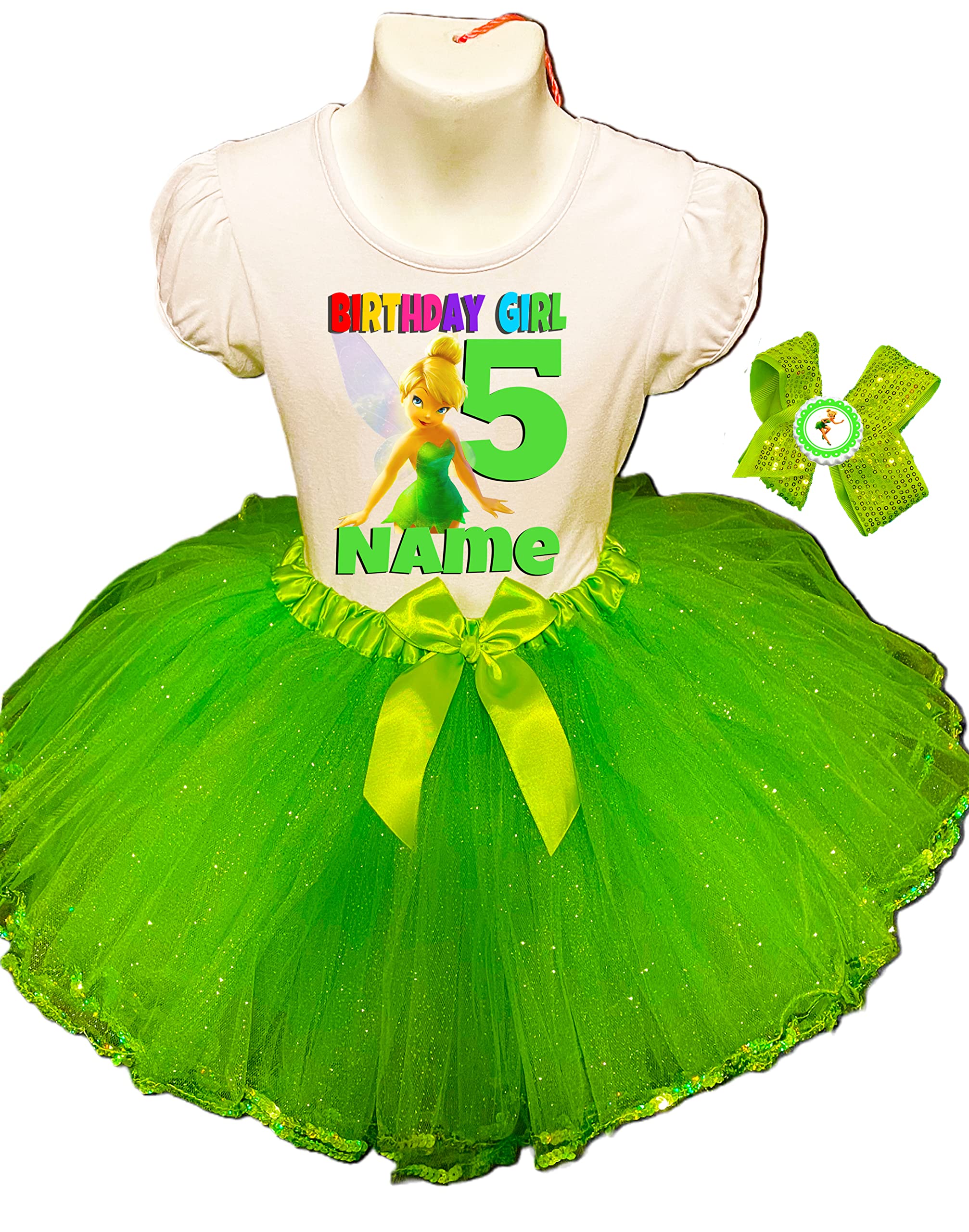 Tinkerbell Birthday Outfit - Green Tinkerbell Dress with Tutu for 5th Birthday Party | Personalized Fairy Costume for Girls | Fast Shipping | Perfect for Disney Themed Parties & Dress-Up Play