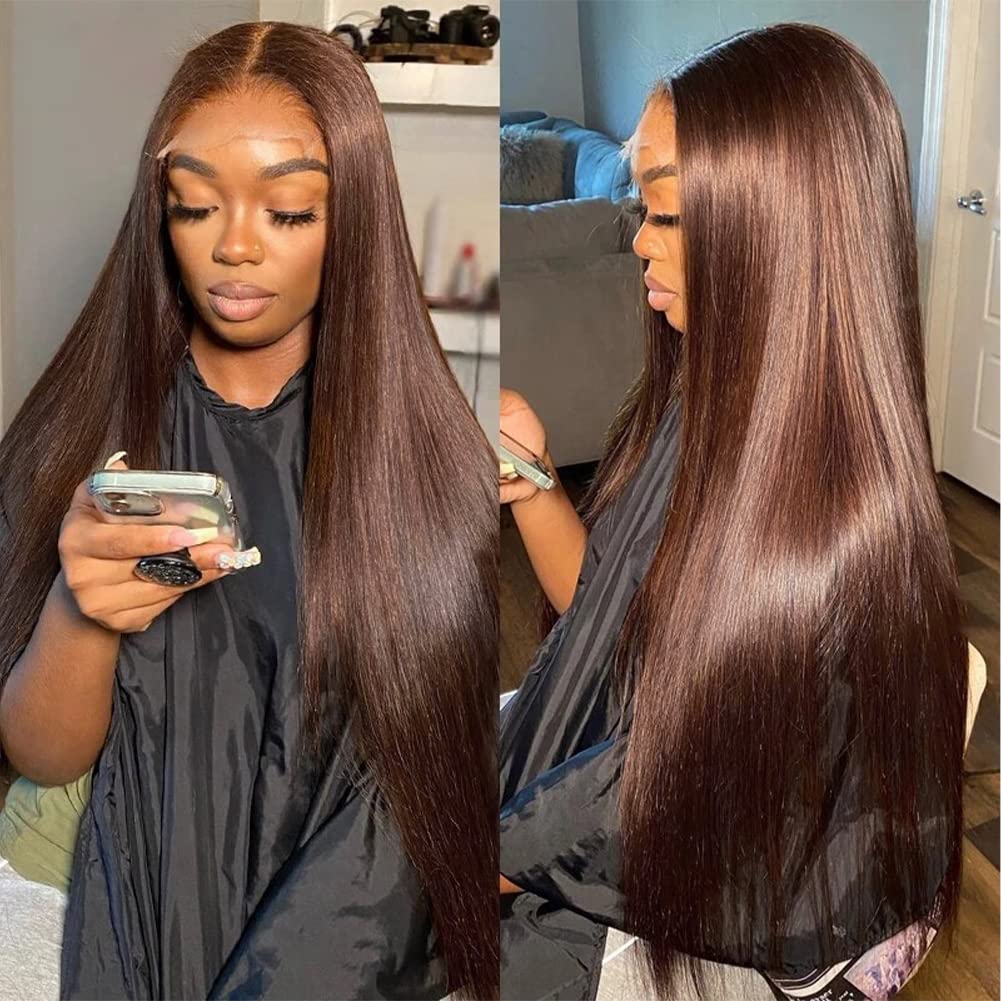 13x4 Brown Lace Front Wigs Human Hair with Baby Hair - 180% Density Straight Lace Frontal Wig - Pre Plucked Hairline - 4# Brown Color - 28 Inch - Perfect for Daily Wear, Cosplay & Special Occasions