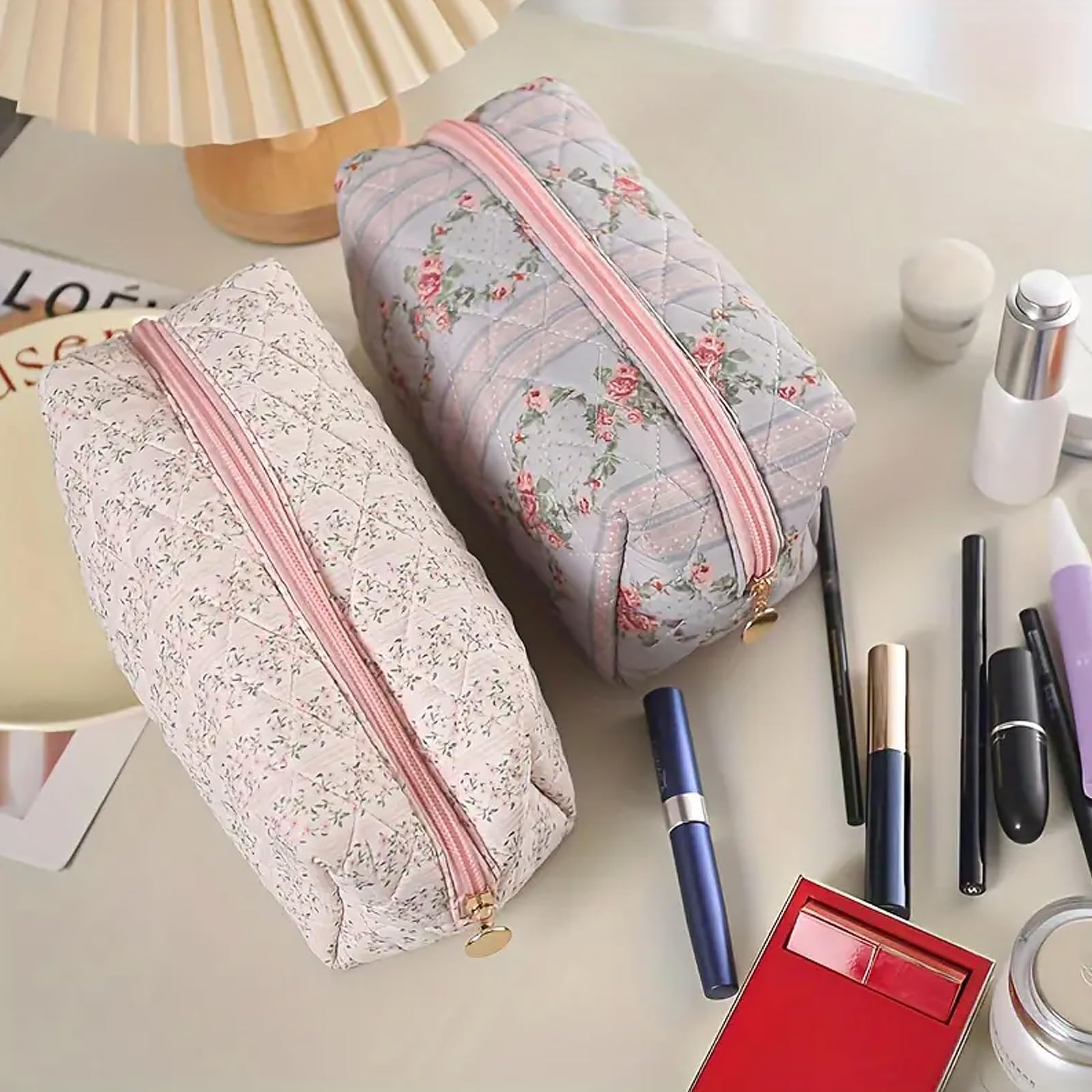 Floral Makeup Bag 2-Pack - Cute Quilted Cosmetic Pouch with Zipper for Travel, Skincare & Toiletries | Pink & Blue Organizer Bags for Women | Perfect for Daily Use, Gym, Vacation & Gift Giving