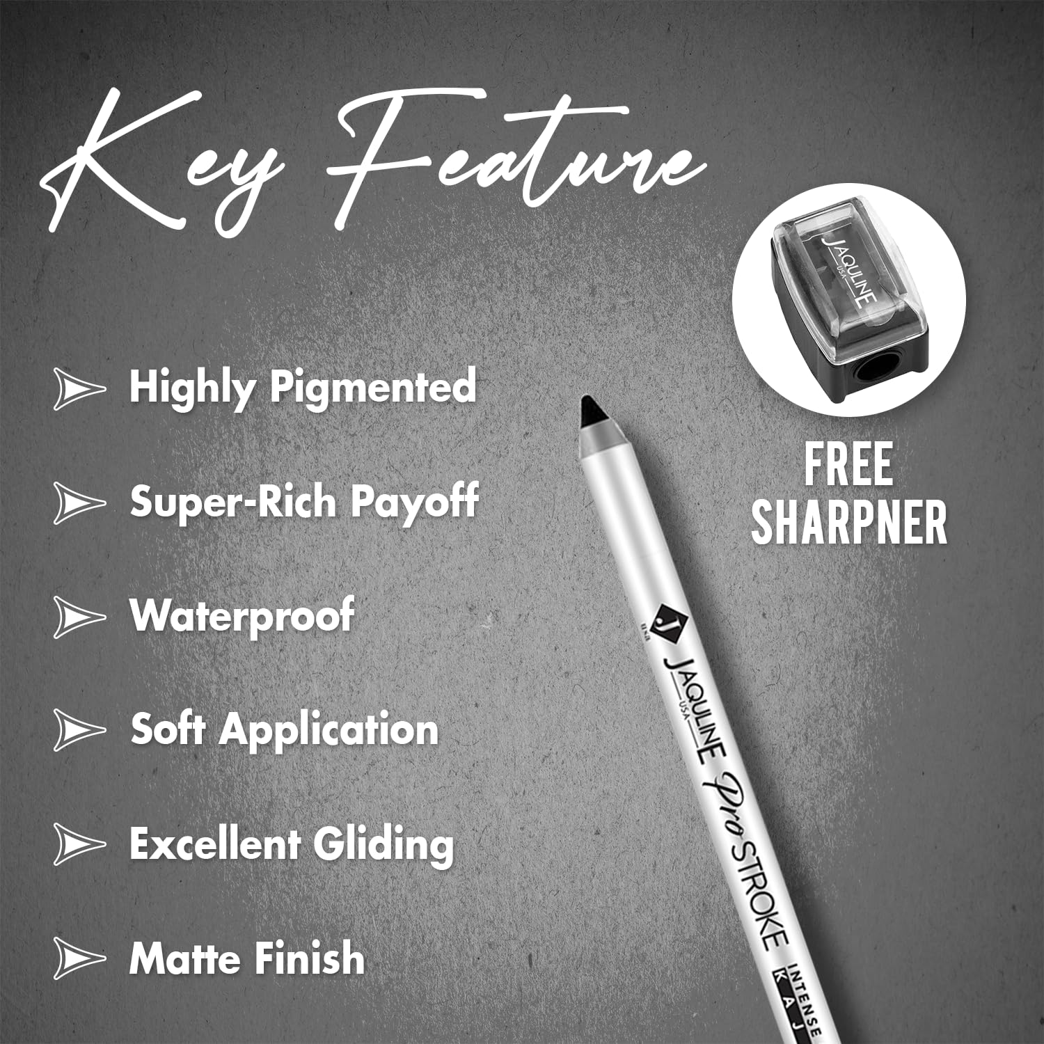 Jaquline USA Pro Stroke Intense Gel Matte Kajal Eyeliner 1.2Gm - Waterproof, Smudgeproof & Long Lasting Super Black Kajal with Free Sharpener | Enriched with Castor Oil | Perfect for Dramatic Eye Makeup, Winged Liner & Everyday Wear