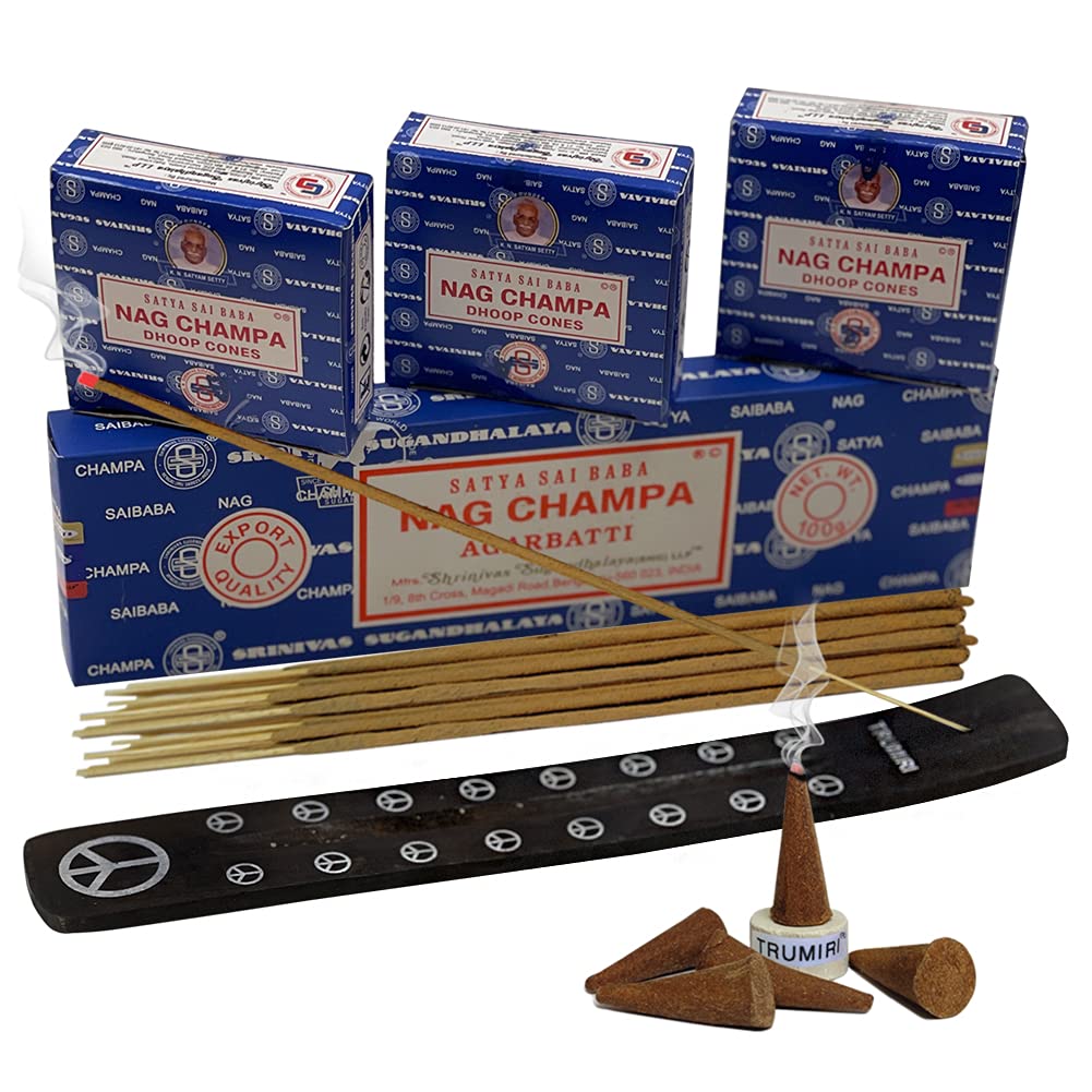 Satya Nag Champa Incense Sticks & Cones Variety Pack - 100g with Burner Holder | Natural Aromatherapy for Meditation, Yoga & Home Relaxation | Smudging & Spiritual Cleansing