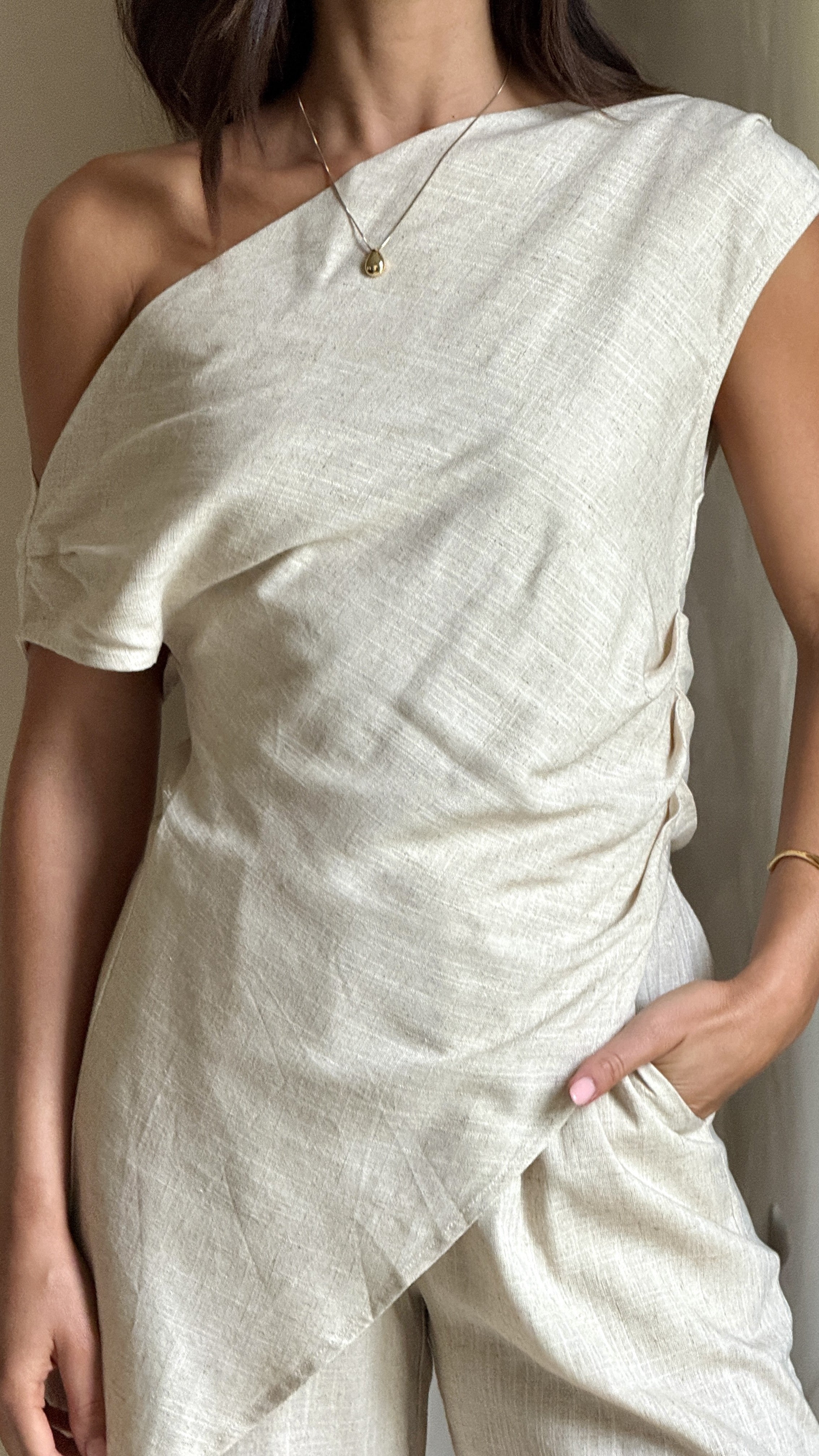 Malena Tunic Top for Women - Flowy Beige Blouse with V-Neck & Long Sleeves - Perfect for Casual Wear, Office Outfits & Spring Fashion
