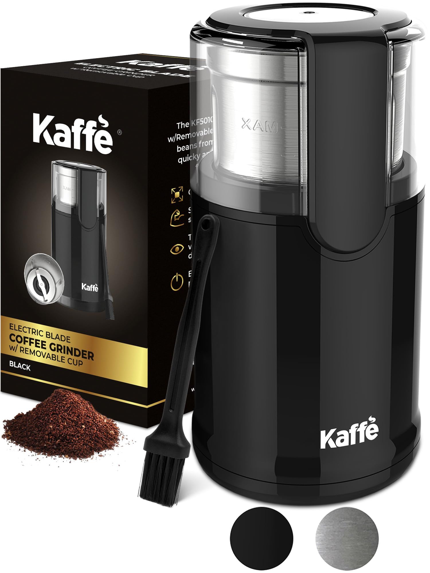 Premium Kaffe Electric Coffee Grinder with Removable 3.5oz Cup - Stainless Steel Blade & Cleaning Brush - Perfect for Espresso, French Press & Drip Coffee - Ideal for Home, Office & Travel Use - Black