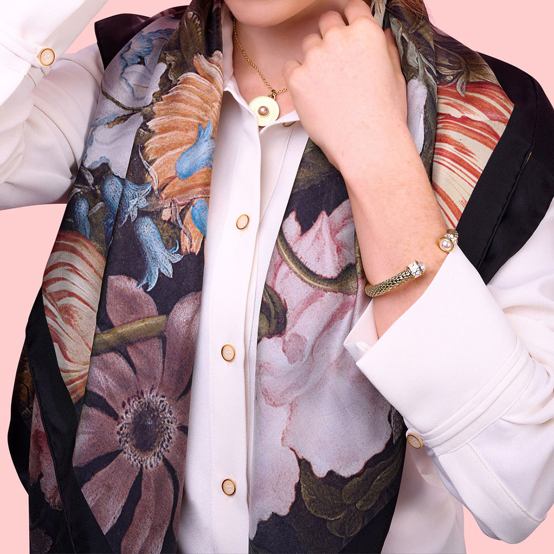 Wan Li Vase Scarf - Elegant Floral Print Silk Scarf for Women | Perfect for Home Decor, Gift Giving & Fashion Accessories