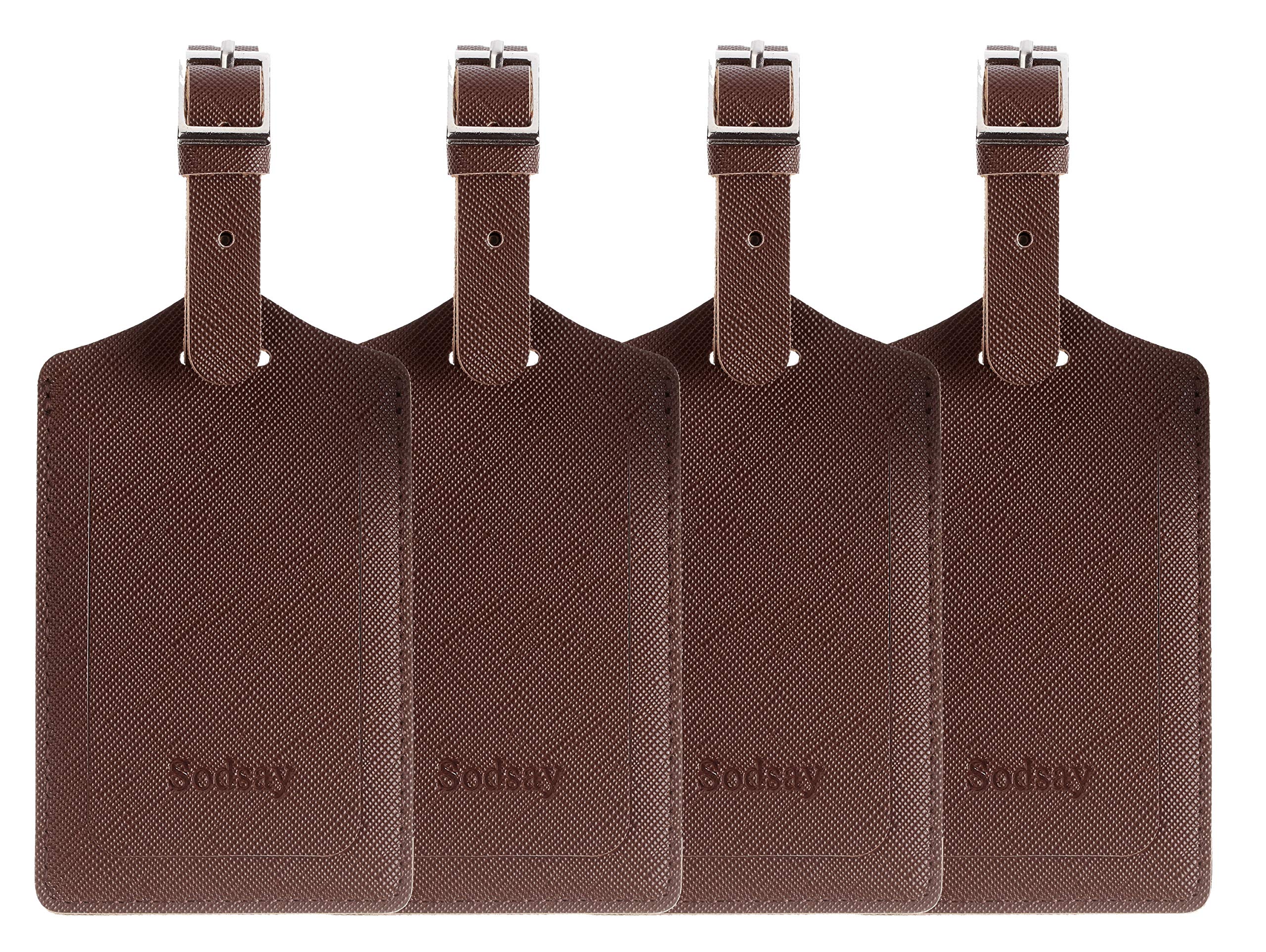 Sodsay Genuine Leather Luggage Tags for Travel - 4-Piece Set (Deep Brown) - Durable & Stylish Baggage ID Tags for Suitcases, Backpacks & Carry-Ons