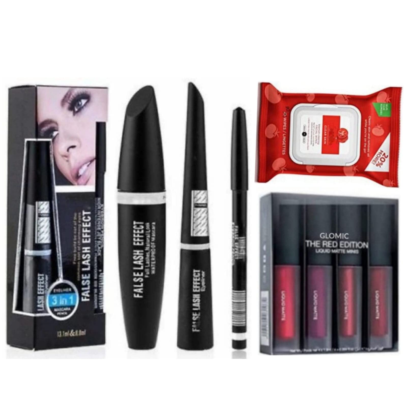 Glomic Professional Waterproof Eyeliner, Mascara, Eyebrow Pencil, Makeup Wipes & Lipstick Set (5-Piece Combo) - Perfect for Travel, Everyday Makeup & Long-Lasting Beauty Looks