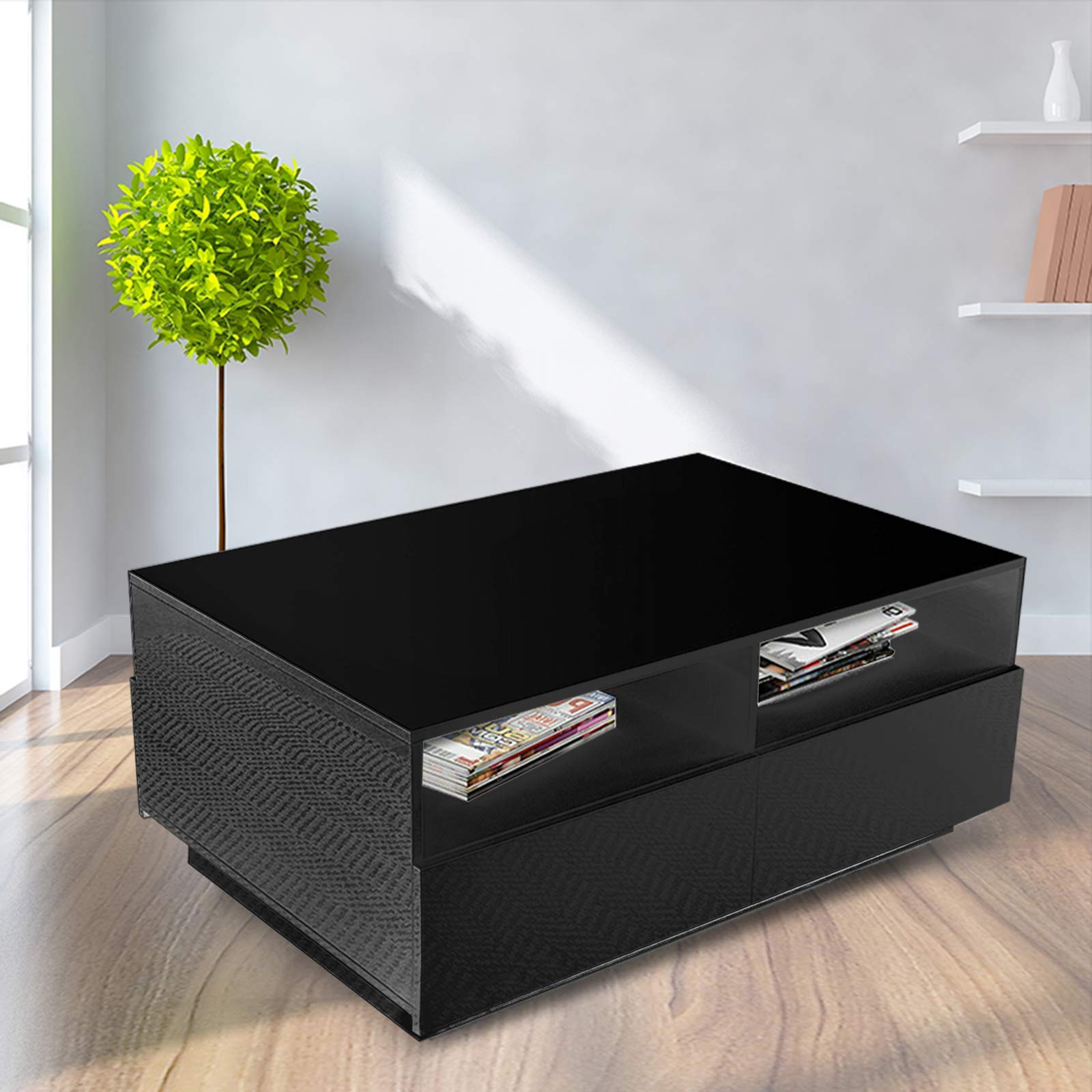 Modern High Gloss LED Coffee Table with 4 Storage Drawers - Black Contemporary Living Room Furniture - End Table, Side Table & Center Table for Home Decor - Perfect for Small Spaces, Apartments & Lounges