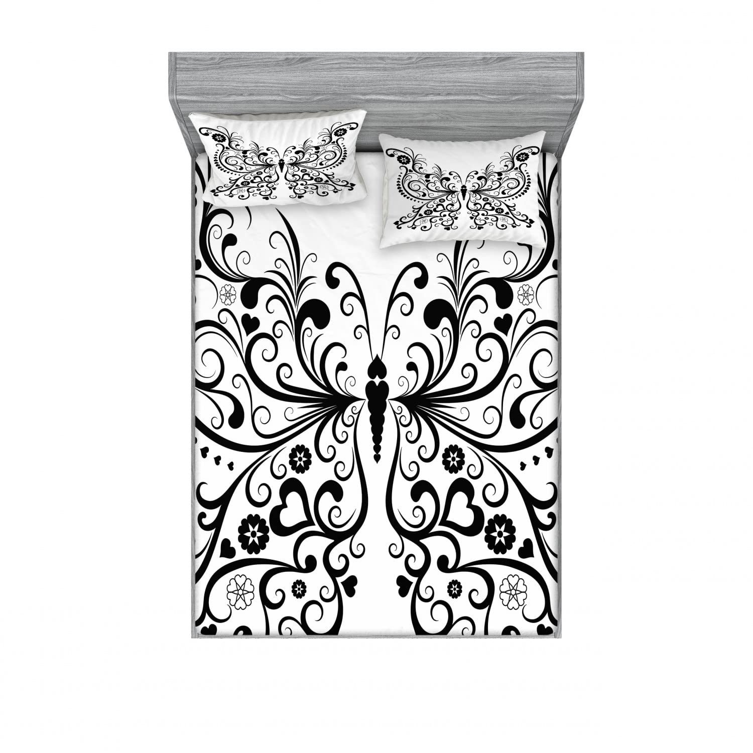 Ambesonne 2-Piece Queen Size Fitted Sheet Set with 4 Pillow Shams - Black & White Swirled Wing Floral Pattern Animal Print Bedding Collection | Perfect for Guest Rooms, Master Bedrooms & Bohemian Home Decor