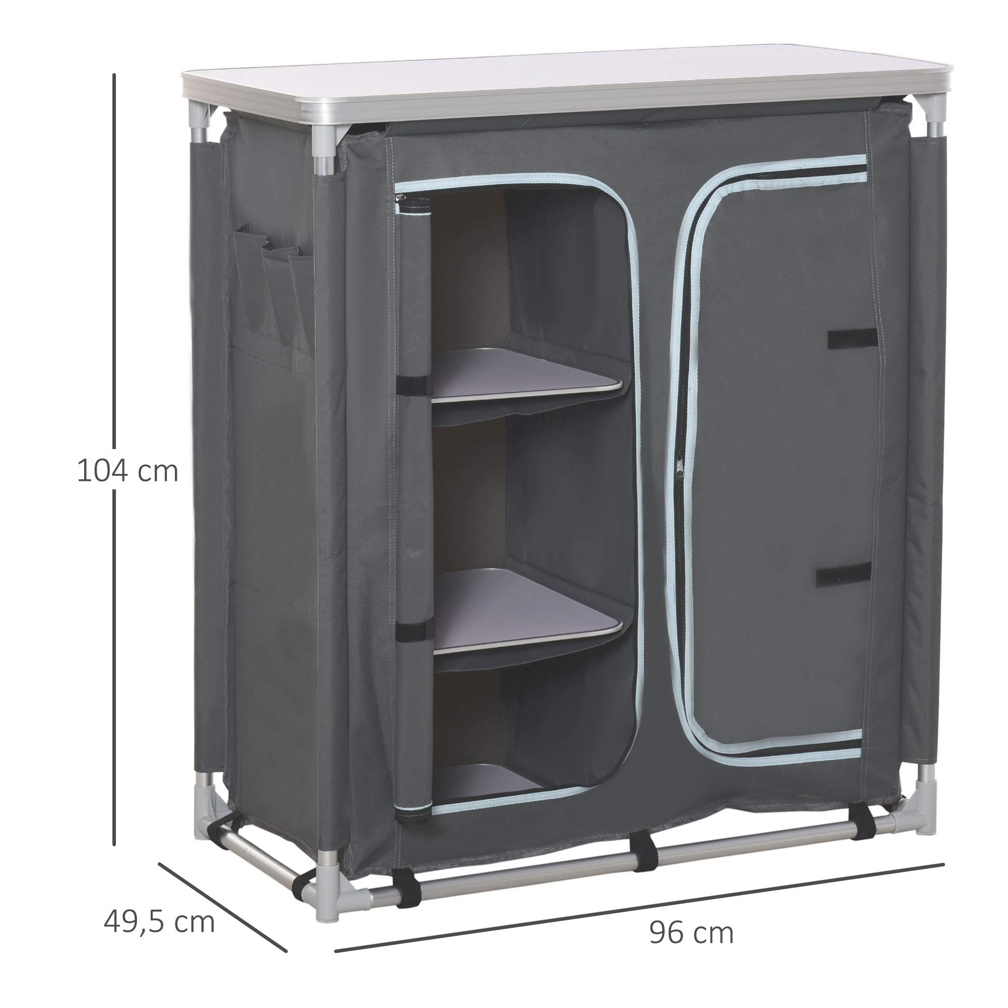 Outsunny Camping Kitchen Cabinet with Worktop - Portable Outdoor Camping Storage Organizer with Multiple Compartments & Carry Bag - Aluminum Frame & Oxford Grey Fabric - Perfect for Camping, Picnics & Outdoor Adventures