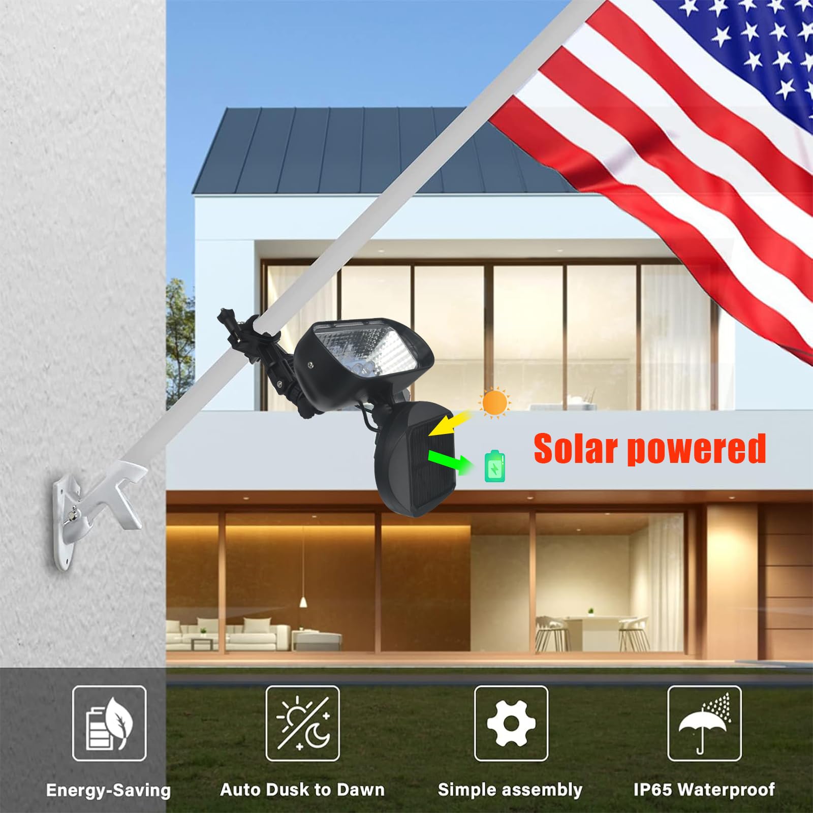 Solar Powered Flagpole Light - 4 Ultra Bright LED, 360° Adjustable, IP65 Waterproof Outdoor Light for 1