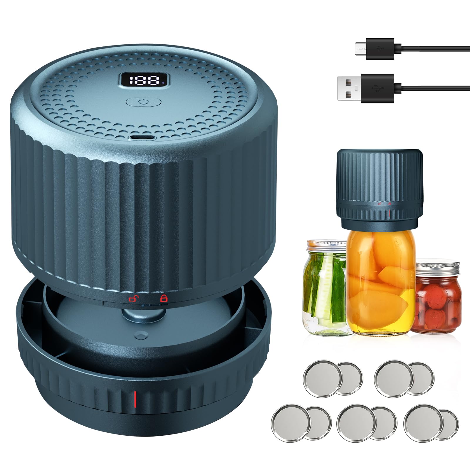 Electric Mason Jar Vacuum Sealer Kit - Cordless Wide & Regular Mouth Jar Sealer with 2000mAh Battery & 85KPa Vacuum for Food Storage | Preserve Fruits, Vegetables, Dry Goods & Meal Prep | Blue