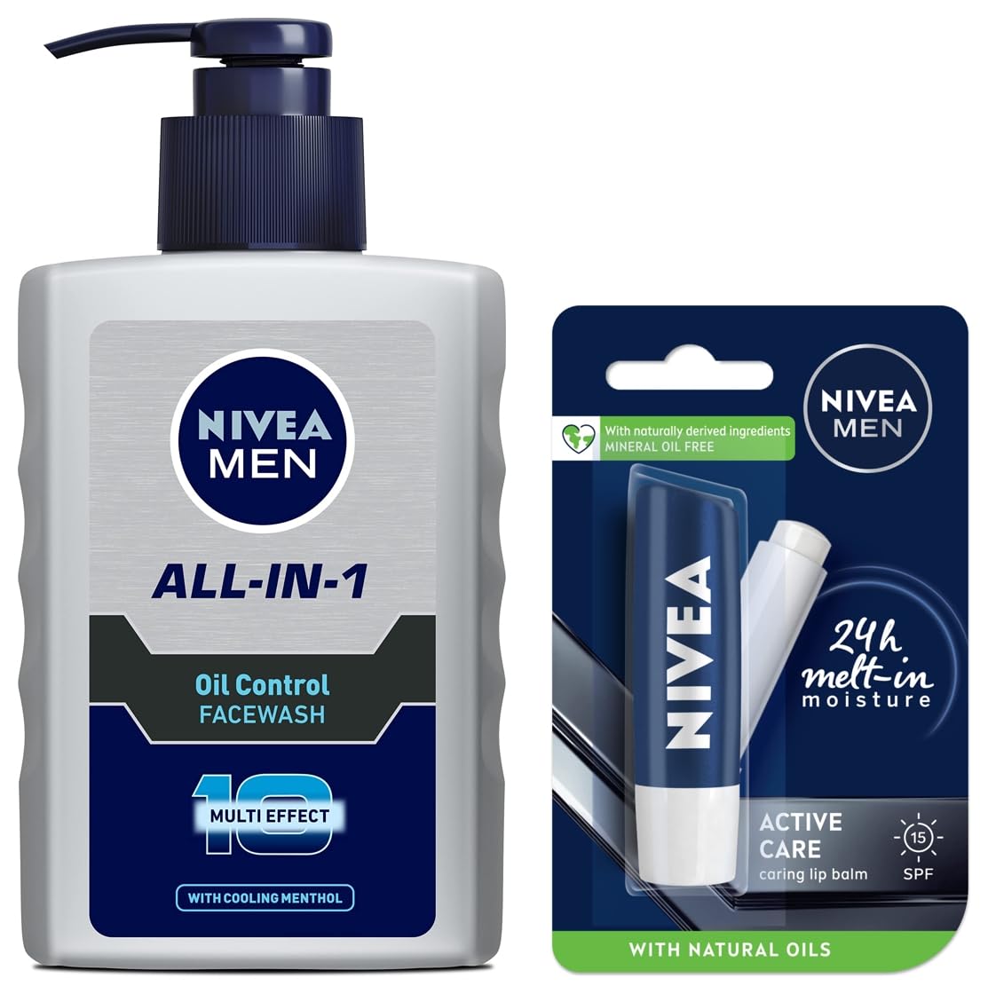 NIVEA Men Face Wash for Oily Skin with 10x Vitamin C, 150ml & NIVEA Men Active Care Lip Balm SPF 15, 4.8g - Daily Skincare Routine for Men, Gym & Outdoor Protection