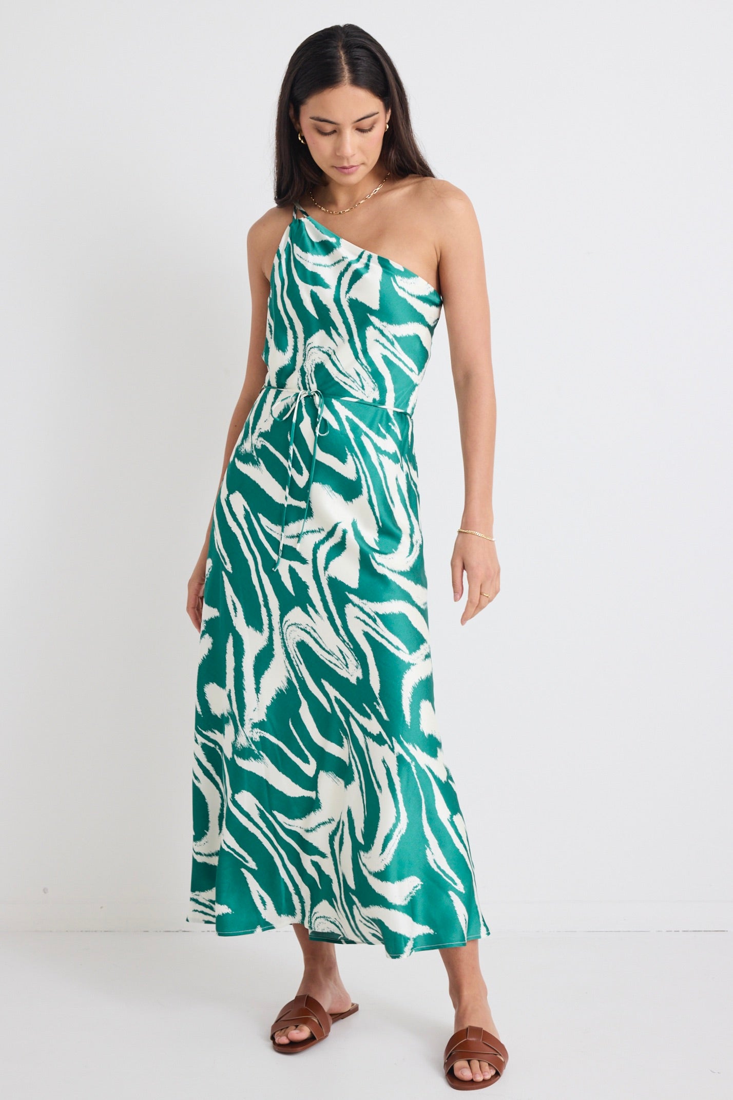 Fame Green Zebra Satin One Shoulder Bias Slip Dress - Elegant Evening Gown for Cocktail Parties & Date Nights
