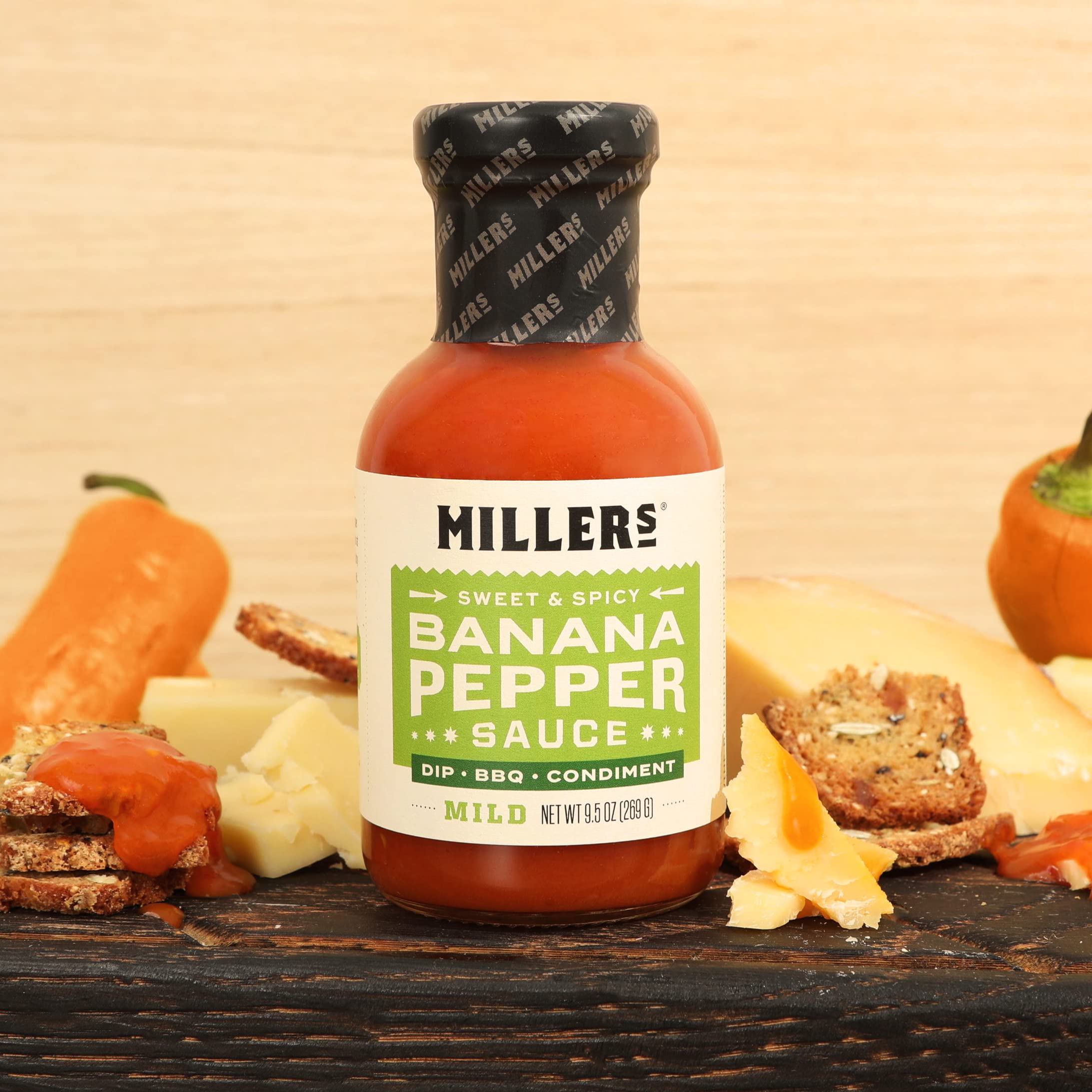 Miller's Banana Pepper Sauce - Mild Sweet & Spicy Red Banana Pepper Hot Sauce | Non-GMO Verified | Perfect for Chicken Wings, Burgers, Sandwiches & Pizza | 9.5oz (Pack of 3) | Great for BBQs, Game Nights & Family Gatherings