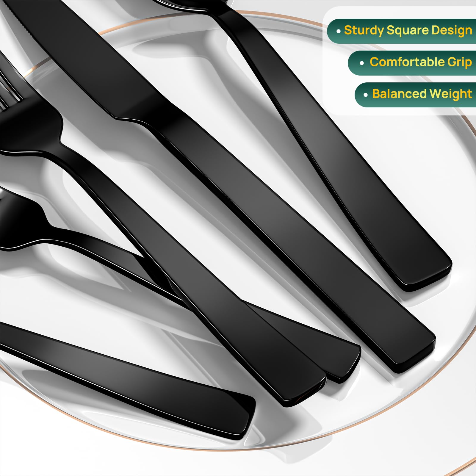 Premium 60-Piece Black Silverware Set - Stainless Steel Flatware for 12, Mirror Polished Cutlery Set with Knives, Spoons & Forks | Dishwasher Safe for Home, Restaurant & Catering | Elegant Dining for Parties, Weddings & Everyday Use