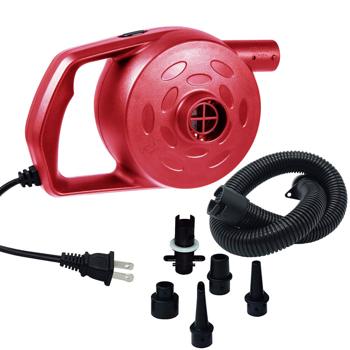 Chamvis High Power Electric Air Pump 600L/min - Fast Inflator & Deflator for Air Mattress, Pool Toys, Inflatable Boats, Exercise Balls & Balloons - 120V AC with Multiple Nozzles (Red) - Perfect for Camping, Home Use & Outdoor Adventures