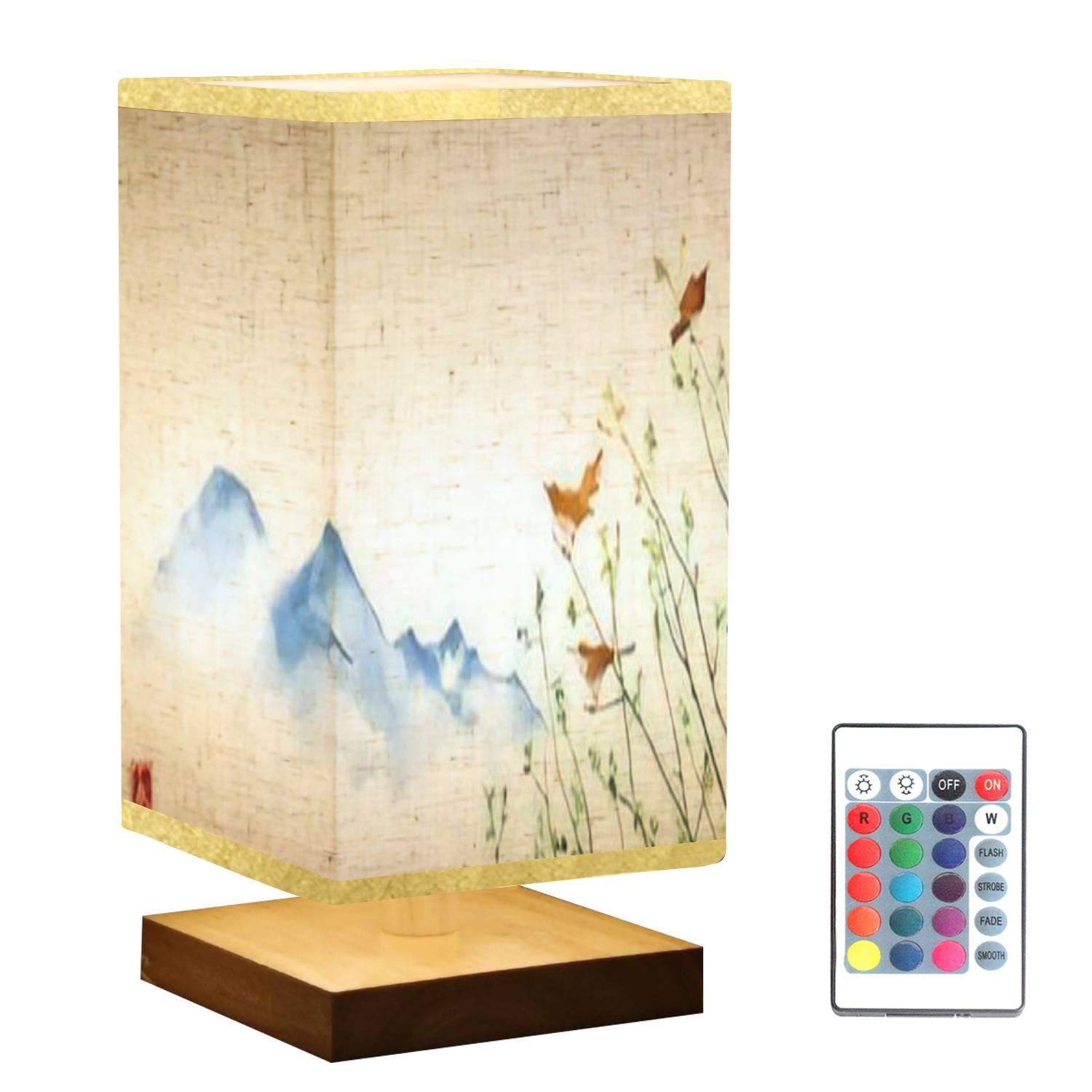 Square Bedside Table Lamp with Birds & Tree Branches Design - Traditional Wooden Base, Flaxen Fabric Shade, Dimmable Nightstand Lamp for Bedroom & Living Room - Perfect for Reading, Relaxing & Creating Cozy Ambiance