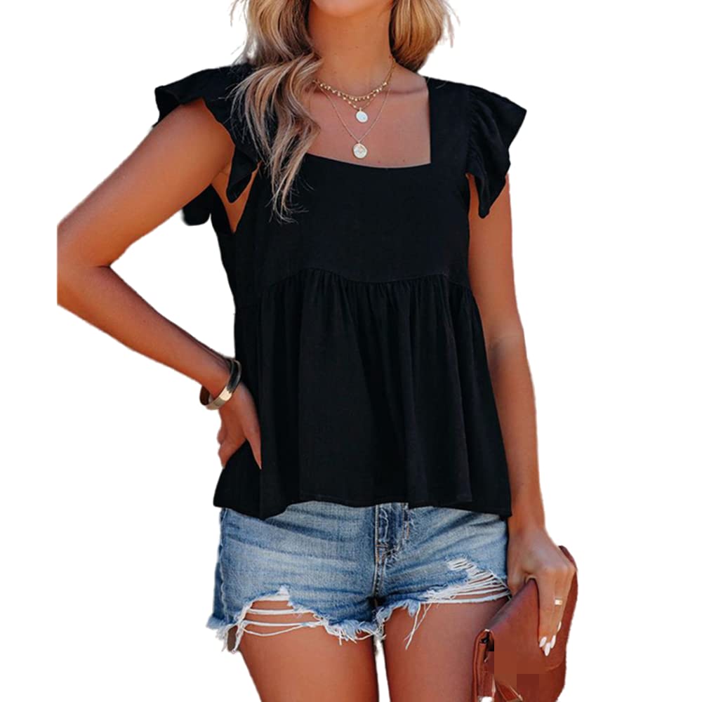 Junf Women's Sleeveless Ruffled Pleated Square Neck Tank Top - Flowy Summer Blouse for Beach Holiday, Vacation & Casual Wear