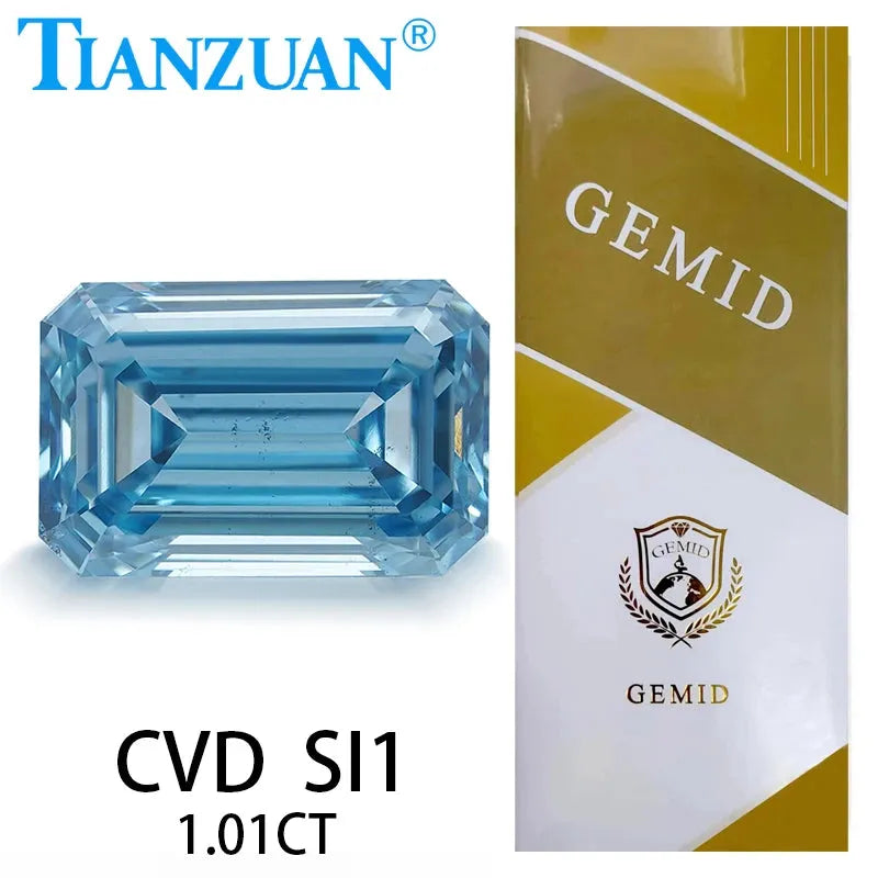 1.01CT SI1 Lab Grown CVD Emerald Cut Fancy Intense Blue Diamond - GEMID Certified Loose Gemstone for Engagement Rings & Fine Jewelry Making