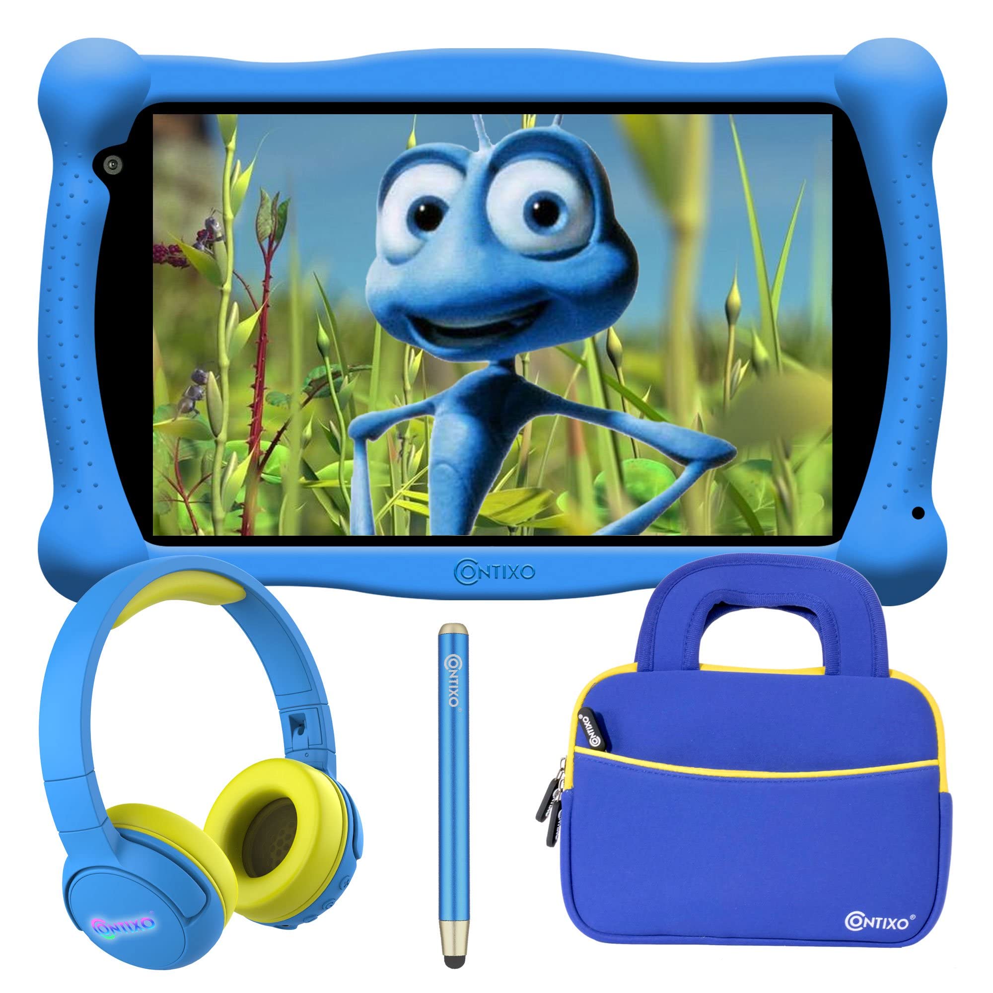 Contixo 7 Inch Kids Learning Tablet with Bluetooth Headphones & Carry Case - Educational Apps, Parental Controls, Durable Design for Home & Travel - Blue Bundle
