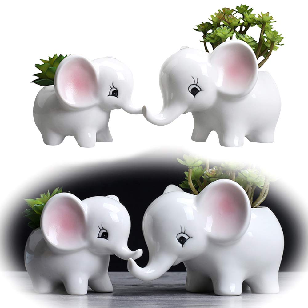 2Pcs Cute Elephant Succulent Plant Pots - Ceramic Flower Planter for Indoor Garden, Bonsai Decor, Home Office Desk Decor | Perfect for Succulents, Cacti, Small Plants