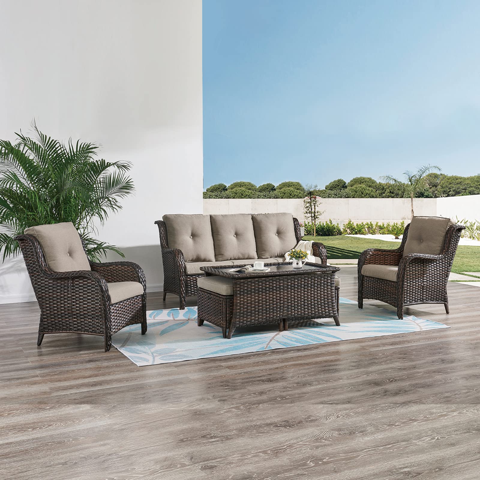 HUMMUH Outdoor Wicker Patio Chairs Set of 2 - PE Rattan Lounge Chairs with High Back & Curved Armrests, Includes 4