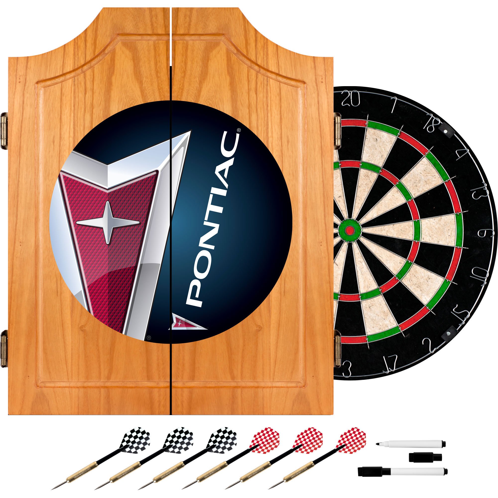 Premium Pontiac Wooden Dart Cabinet Set with Dartboard & Darts - Classic Pub Style Game for Home, Office, or Man Cave Entertainment