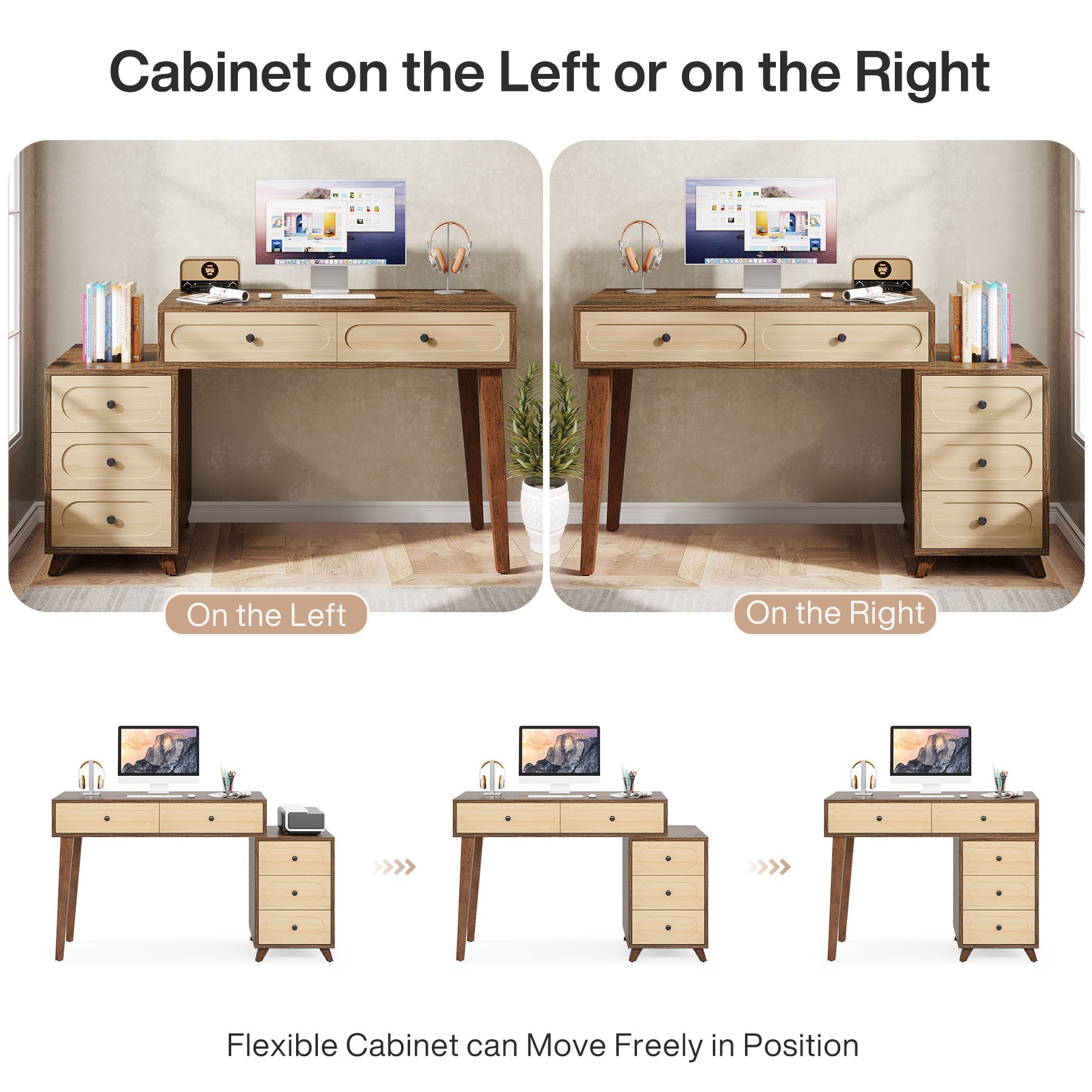 5-Drawer Computer Desk with Reversible Cabinet - 51 Inch Study Writing Table for Home Office, Gaming & Workspace Organization