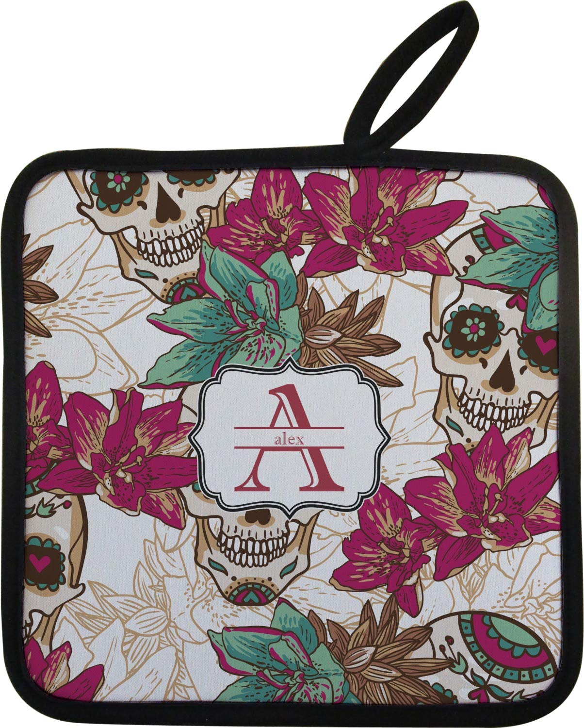 Personalized Sugar Skulls & Flowers Oven Mitt and Pot Holder Set - Custom Name & Initial - Perfect for Dia de Los Muertos, Mexican Kitchen Decor, and Holiday Gift Giving