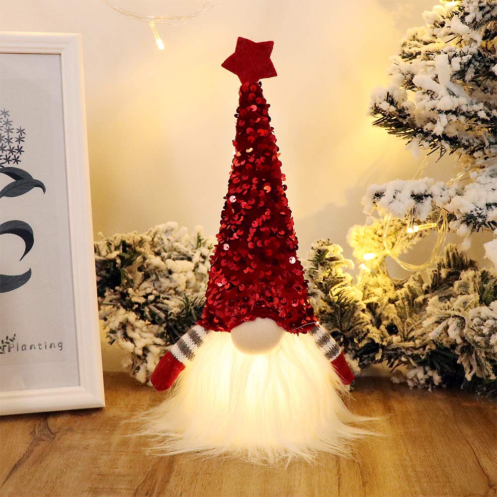 Scandinavian Christmas Gnome Lights with Timer - Set of 2 (Red & Silver) 11x4 Inch, Nordic Santa Tomte Gnome Decor for Holiday Tree, Mantel & Indoor Xmas Decorations