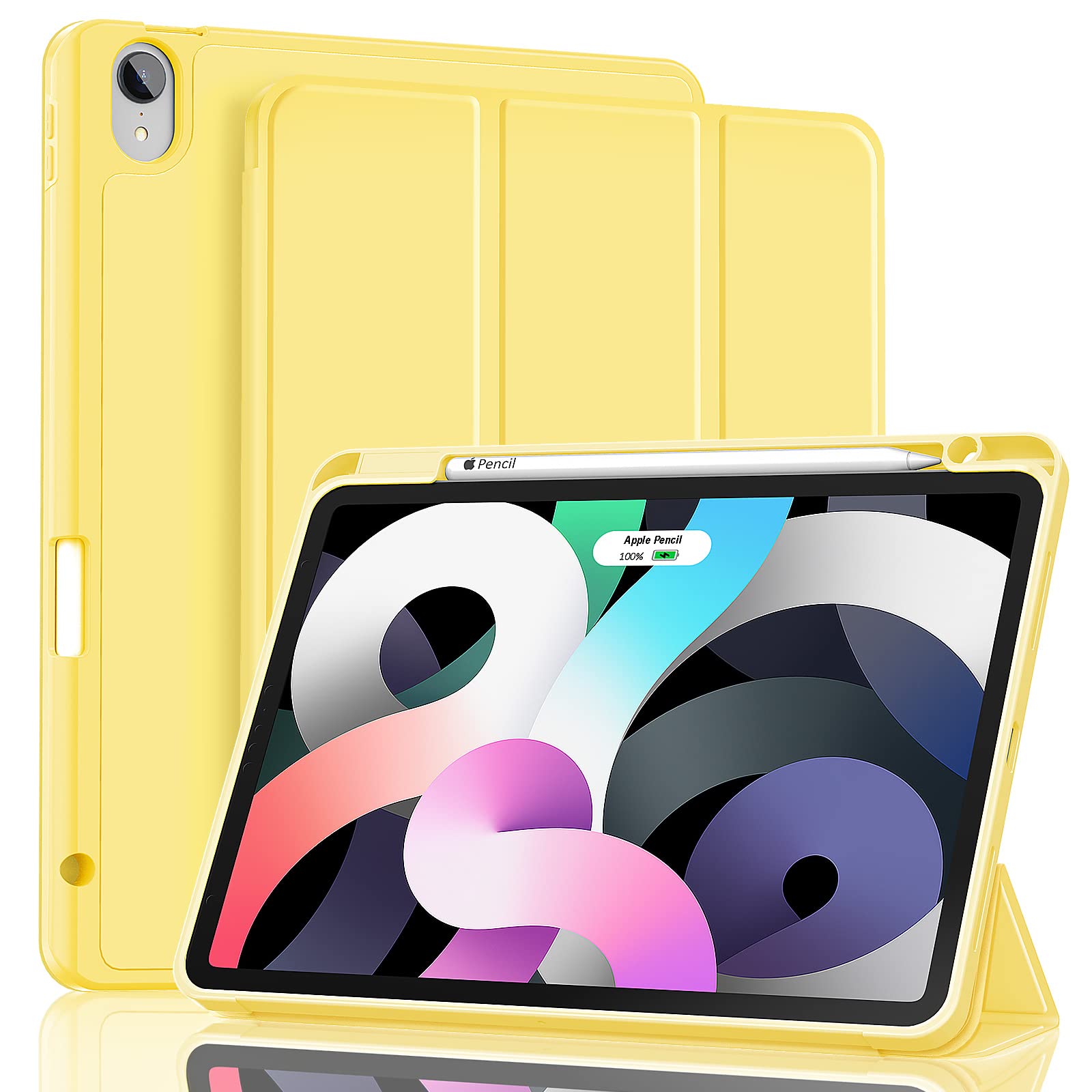 Hoidokly iPad Air 5th/4th Gen Case (2022/2020 Model) 10.9 Inch - Premium Trifold Stand Smart Folio Cover with Apple Pencil Holder & Charging Support | Touch ID Compatible | Vibrant Yellow | Perfect for Work, School & Travel Protection