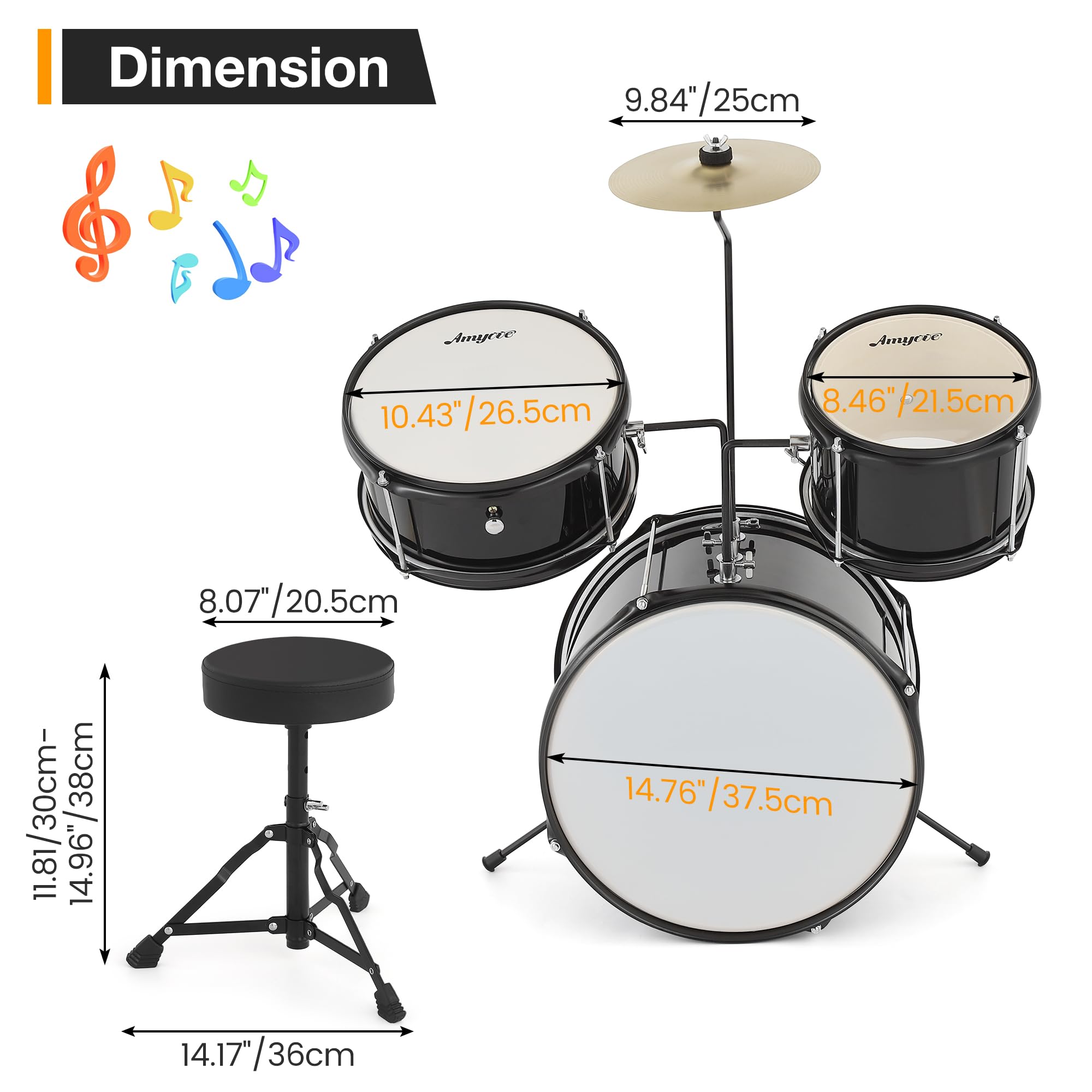 **Beginner Drum Set for Kids - 3-Piece Junior Drum Kit with Bass Drum, 8