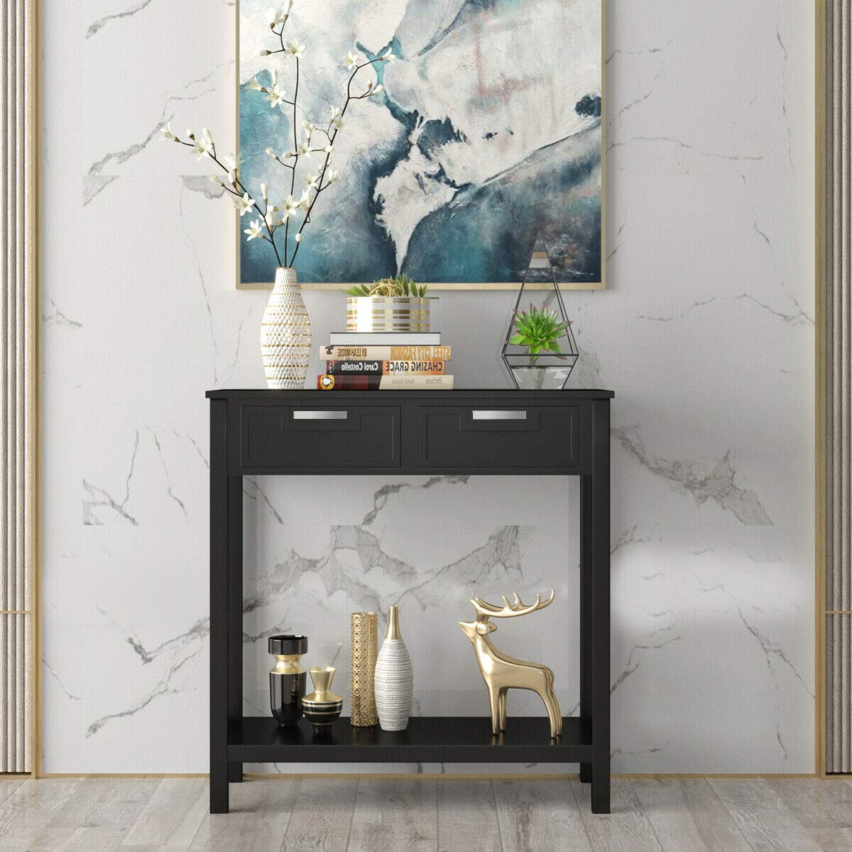 Modern Black Entryway Sofa Console Table with 2 Drawers - Sturdy Waterproof Storage Shelf for Living Room, Bedroom & Hallway - Easy to Clean Accent Furniture for Home Decor